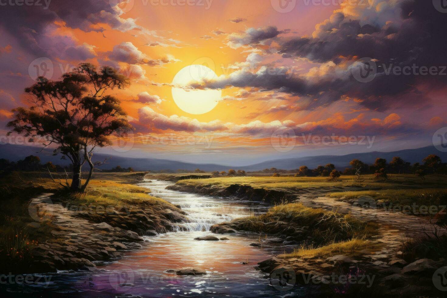 Depicting a landscape scene painted with palette knives, portraying the natural world in a textured and lively manner. Generative Ai photo
