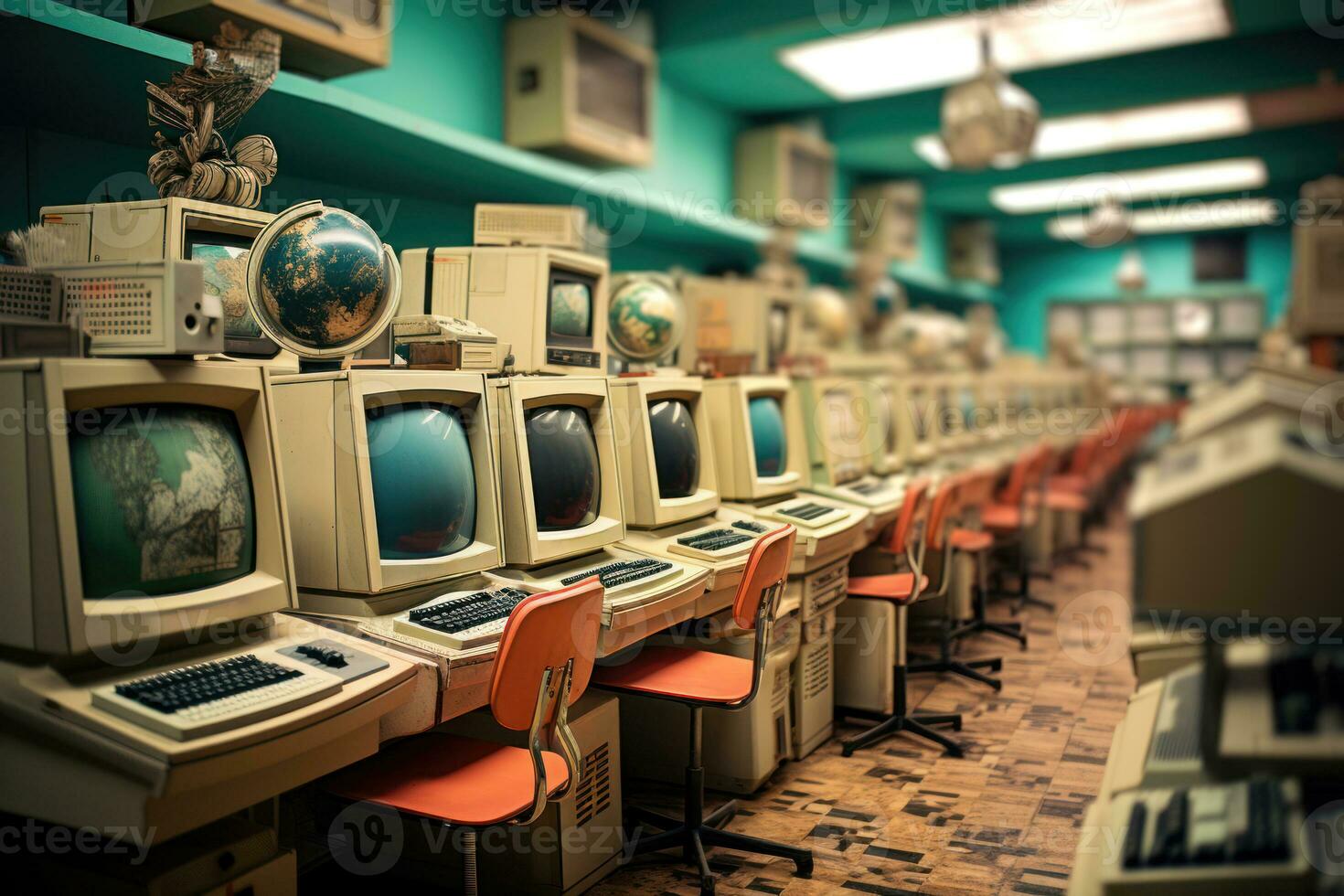 A classroom filled with vintage '80s computers, highlighting the evolution of technology and the simplicity of early computer systems. Generative Ai photo