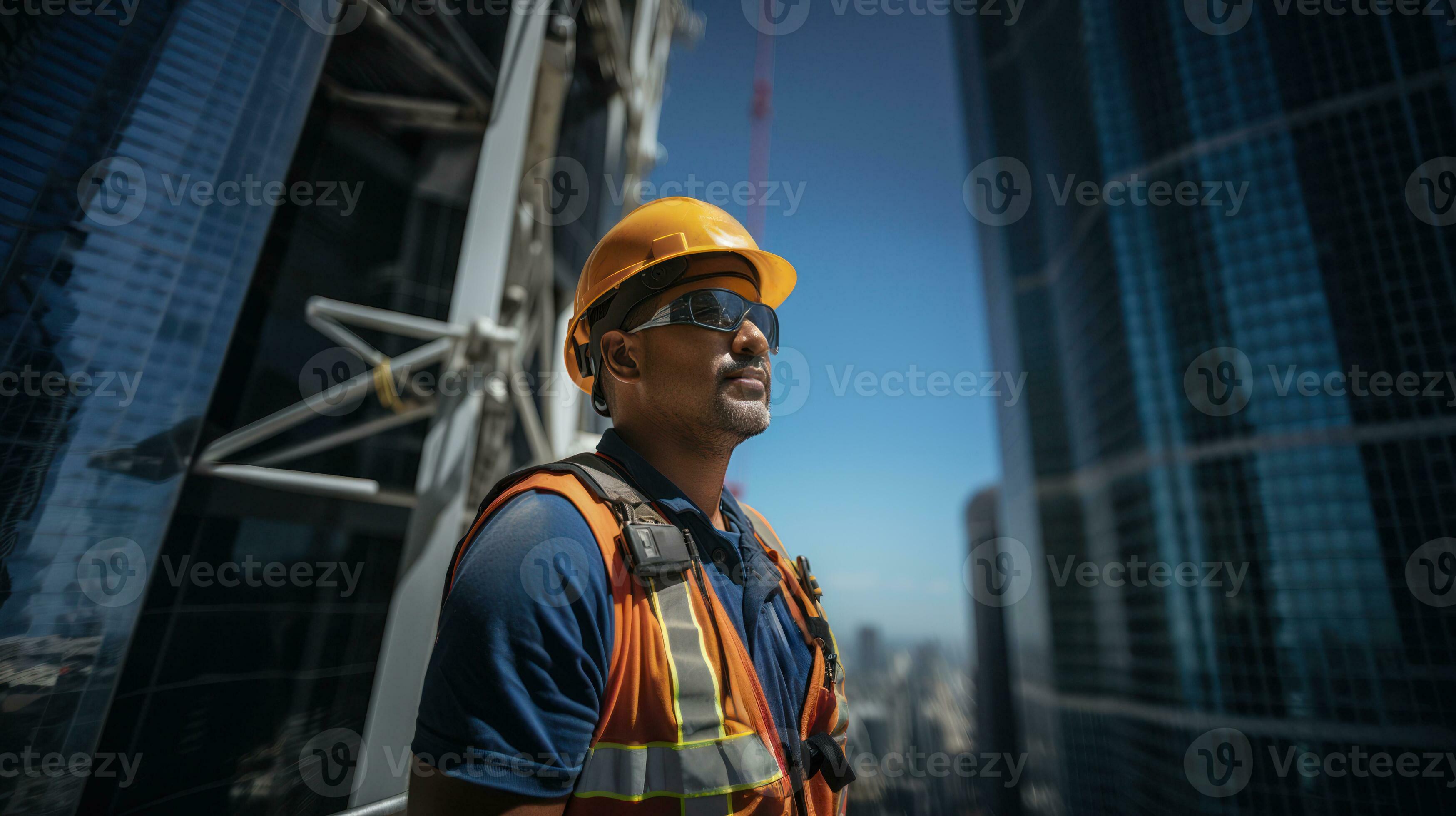 A construction foreman inspecting the safety measures and harnesses of