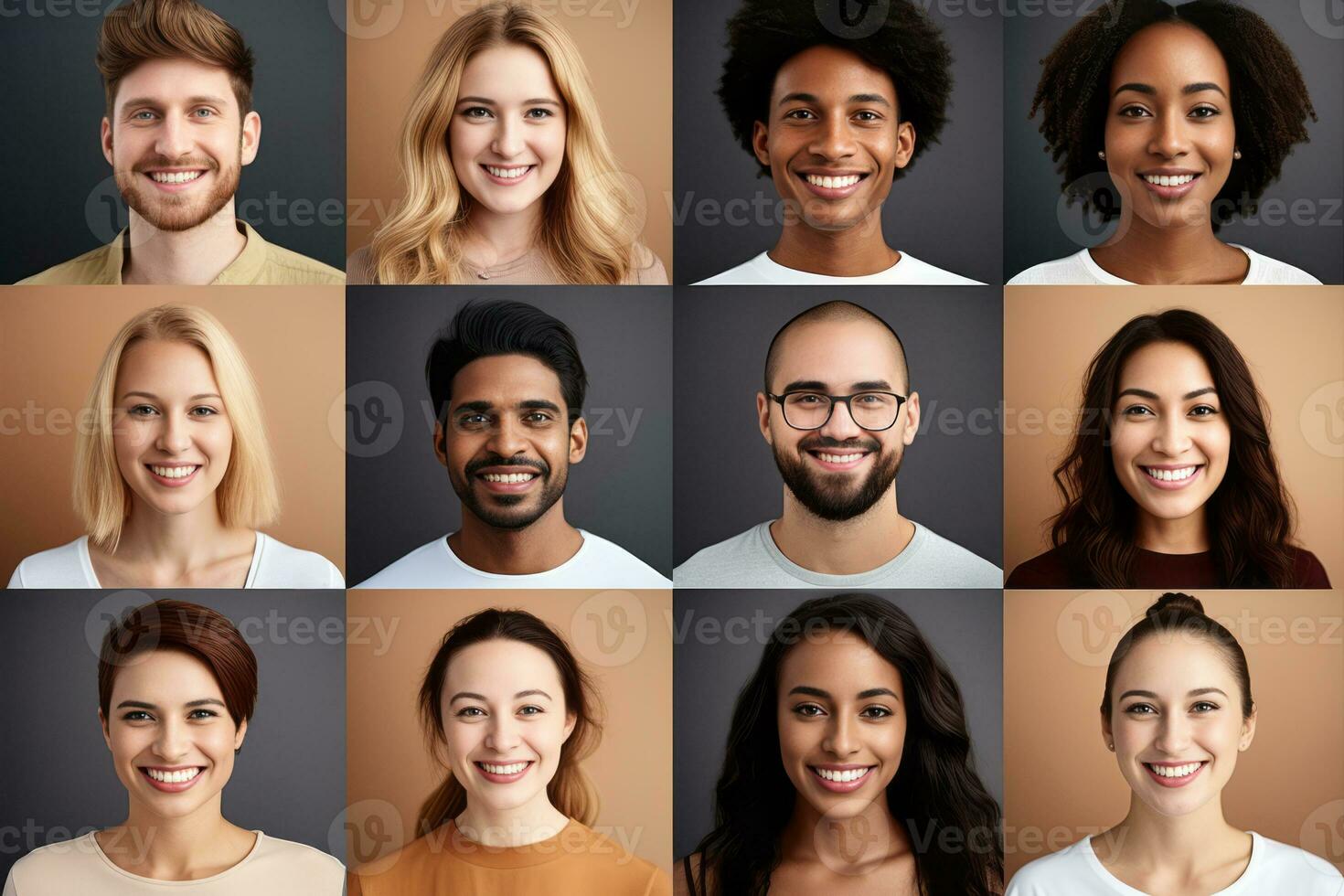 Collage of multicultural ethnically different people modern portraits of women and man, looking in front of camera. Generative AI photo