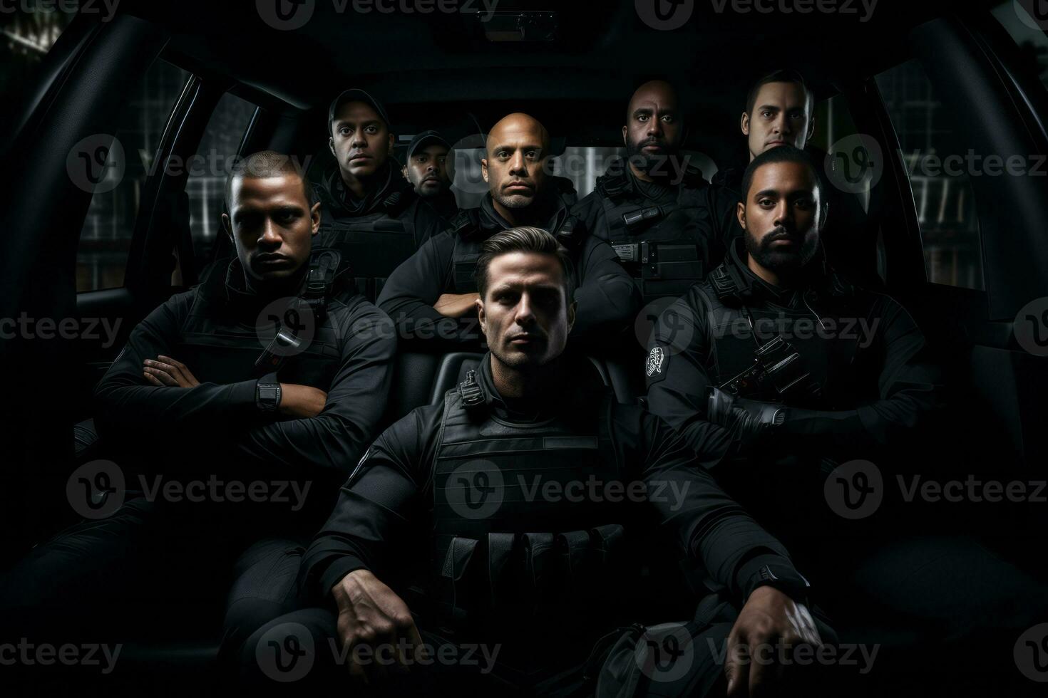 Advertising portrait shot of a Special Police Unit team , standing together of special police vehicle . Generative Ai photo