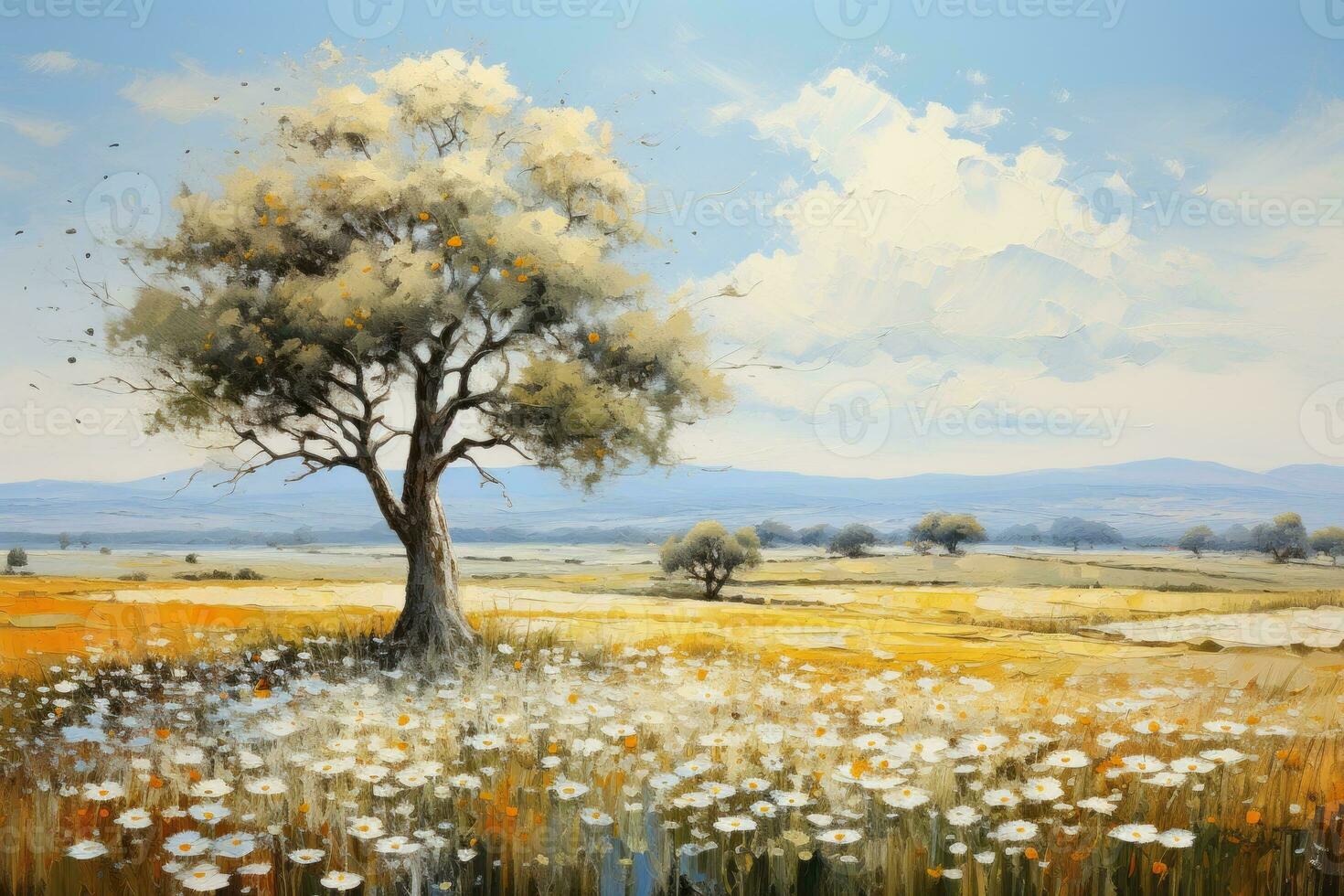 Depicting a landscape scene painted with palette knives, portraying the natural world in a textured and lively manner. Generative Ai photo