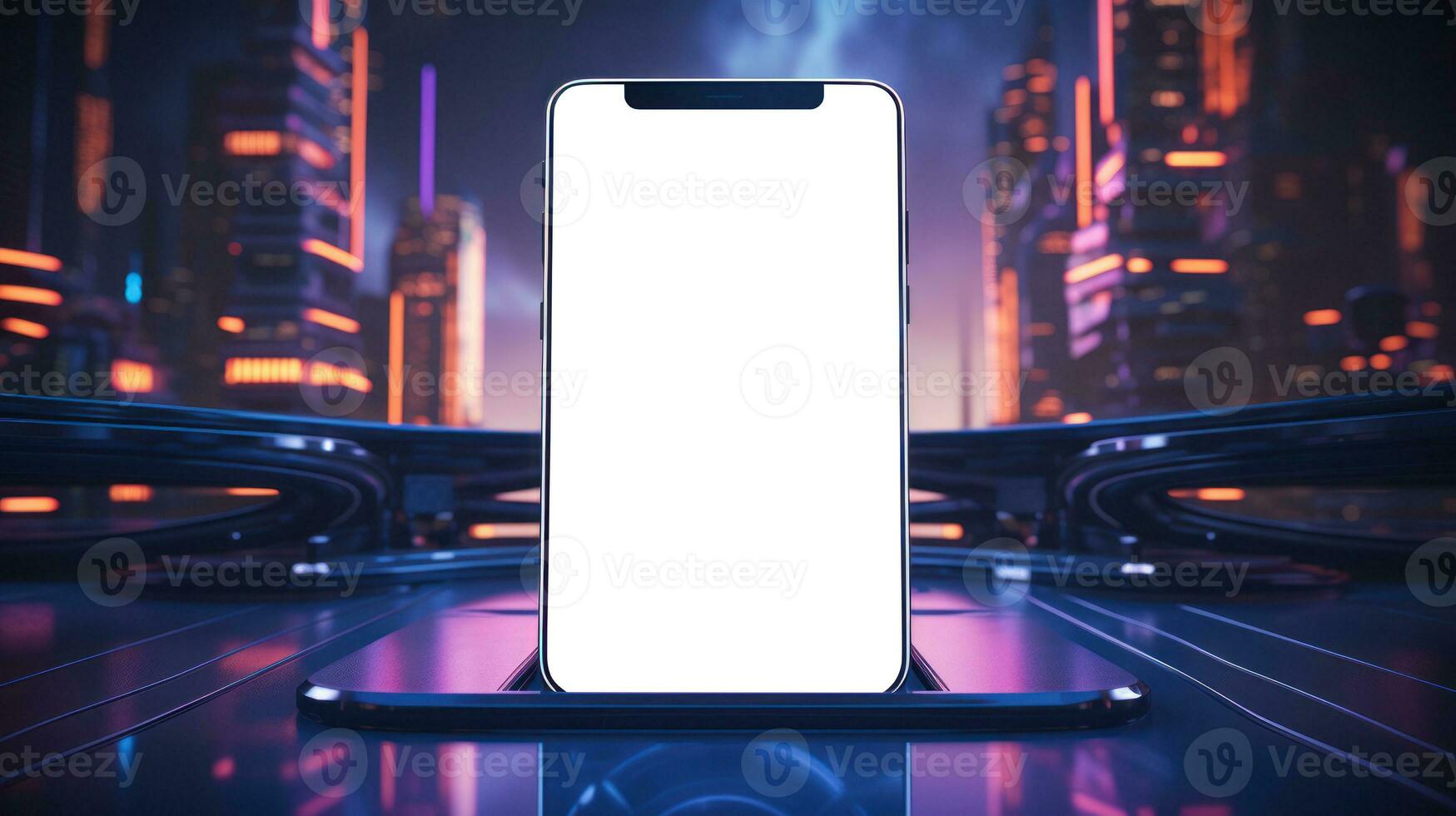 A mockup of a smartphone blank screen, set against a high-tech backdrop, providing an ideal template for showcasing app interfaces and digital concepts. Generative AI photo
