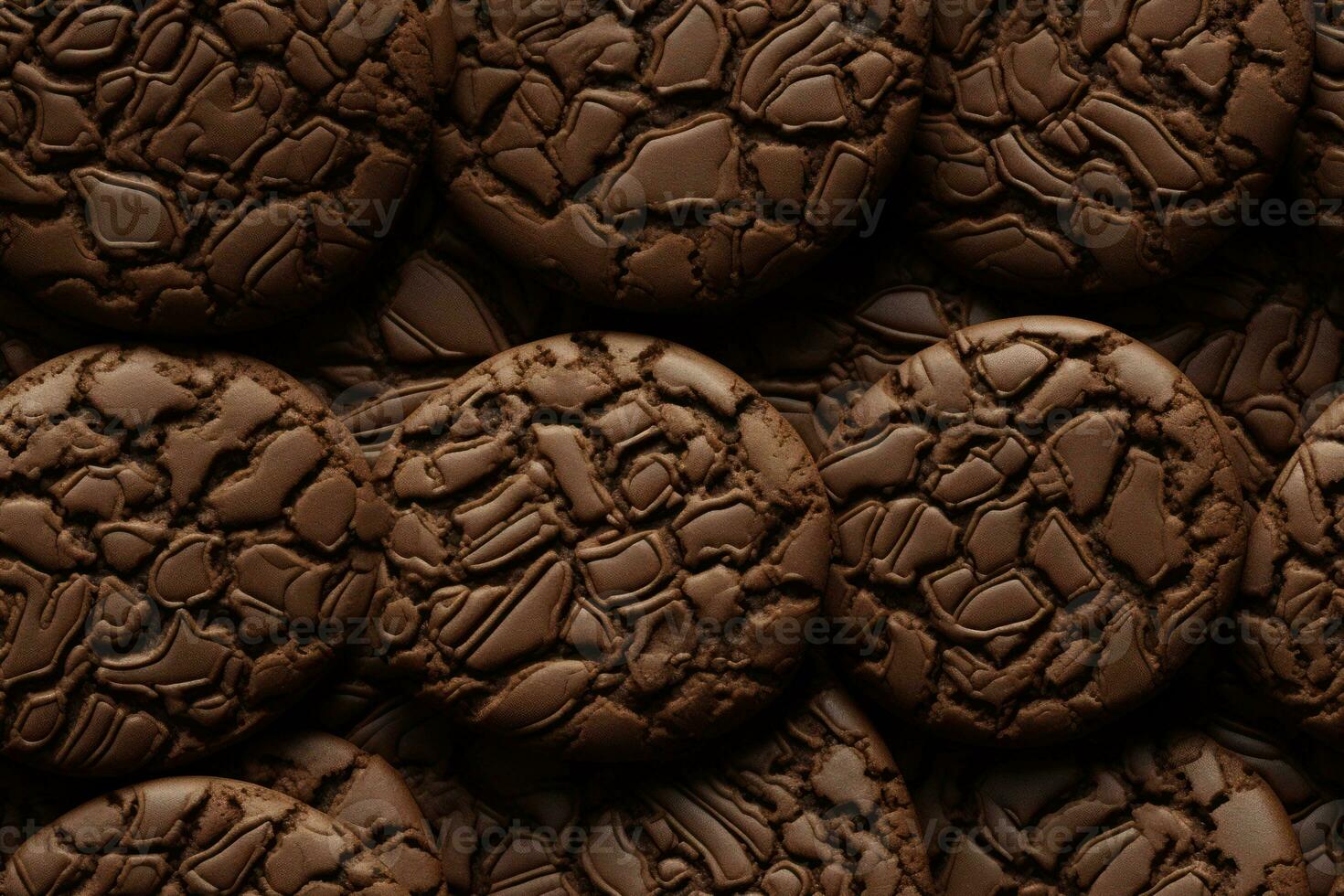 Close up of fresh delicious chocolate cookies , top view, seamless pattern. Generative Ai photo