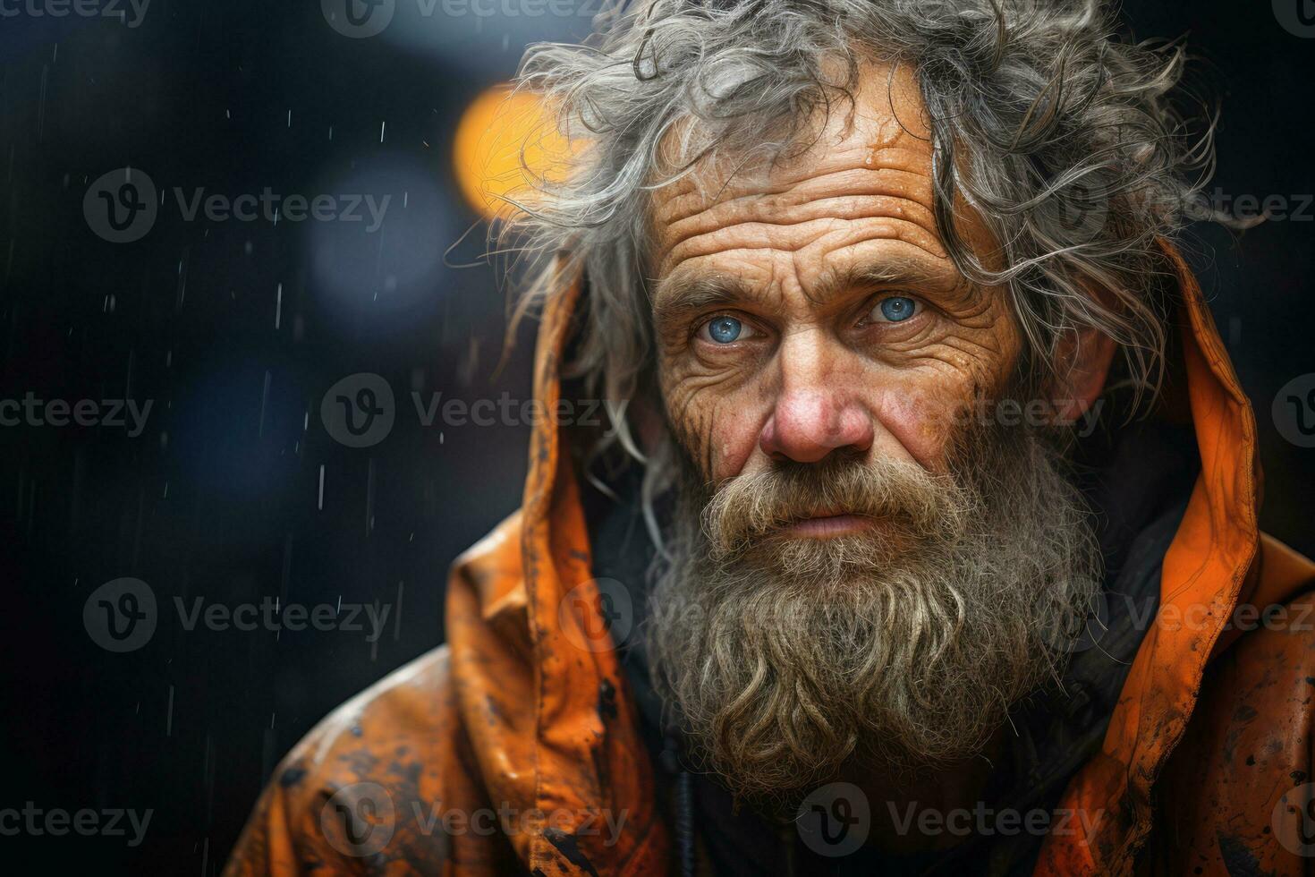 A portrait of a clochard who has overcome challenges and rebuilt their life, celebrating resilience and personal growth. Generative Ai photo