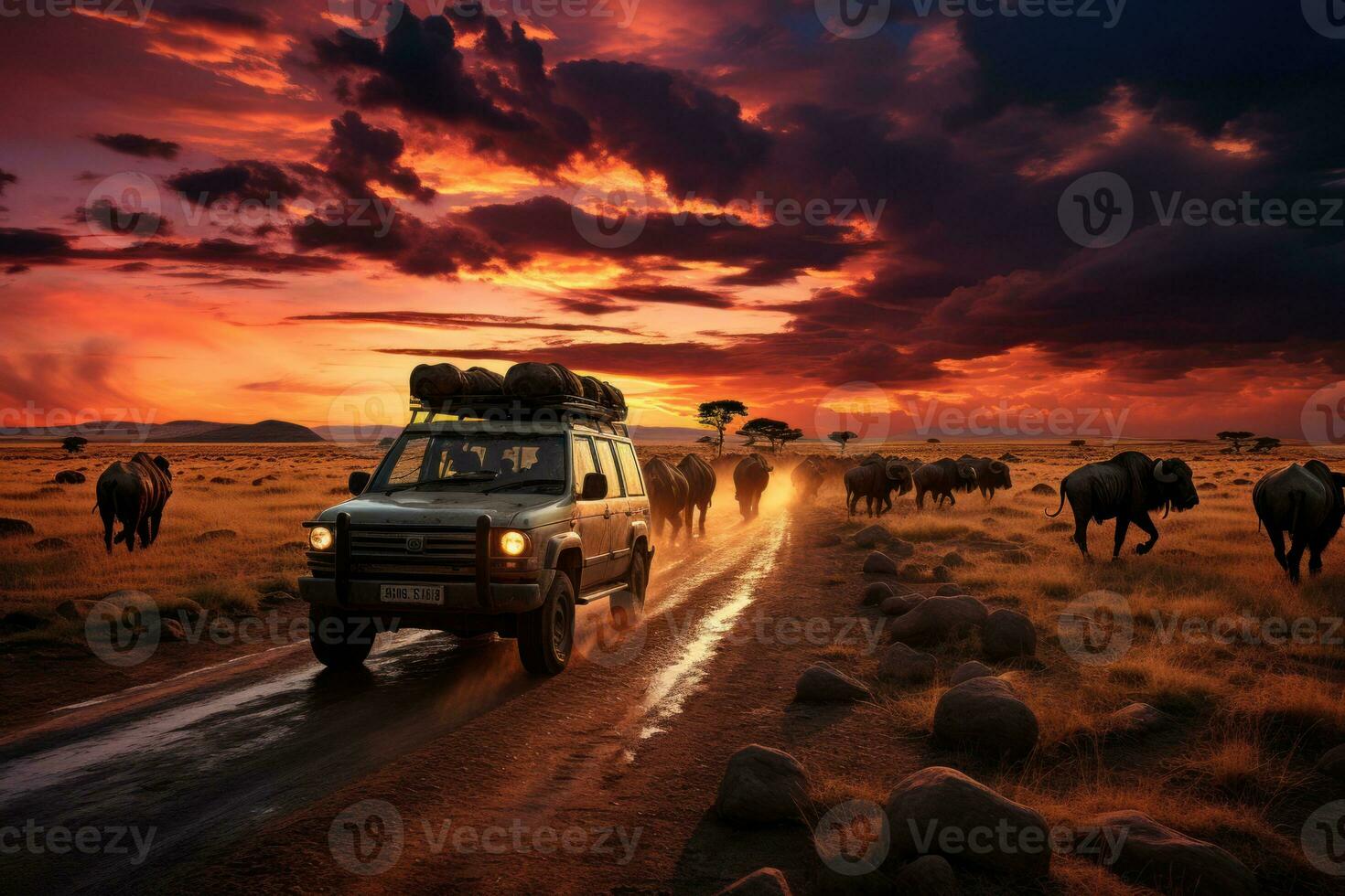 A safari vehicle driving through the expansive Serengeti plains at sunset, with a herd of wildebeests in the distance, showcasing the vastness and adventure of an African safari. Generative AI photo