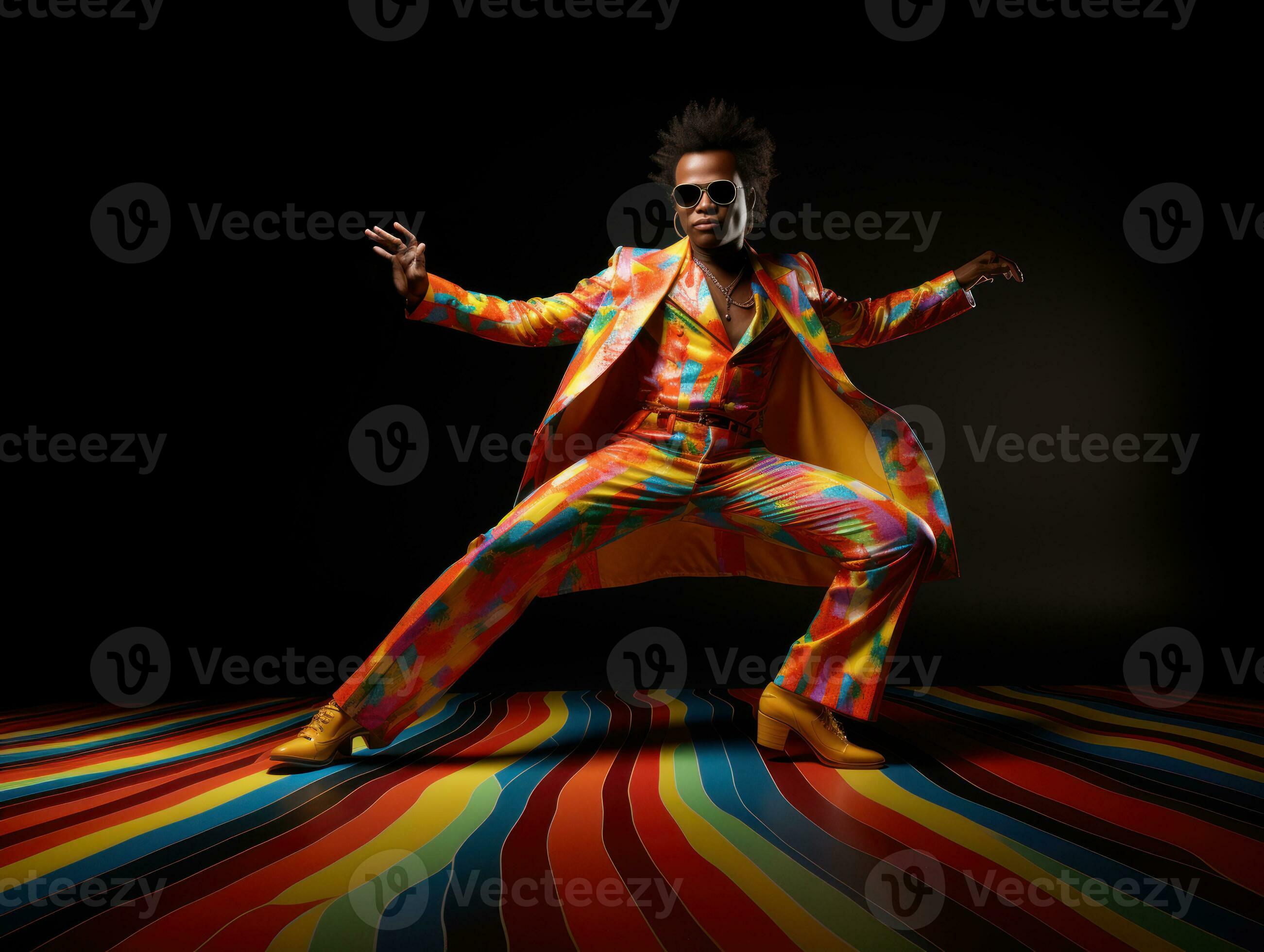 An energetic portrait of a disco dancer in seventies LGBTQ fashion, donning  bold patterns, wide collars, and platform shoes. Generative Ai 30593769  Stock Photo at Vecteezy