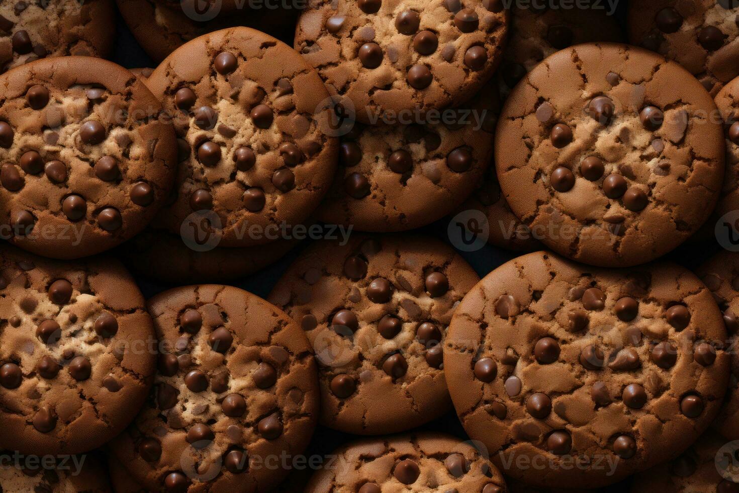 Close up of fresh delicious chocolate cookies , top view, seamless pattern. Generative Ai photo