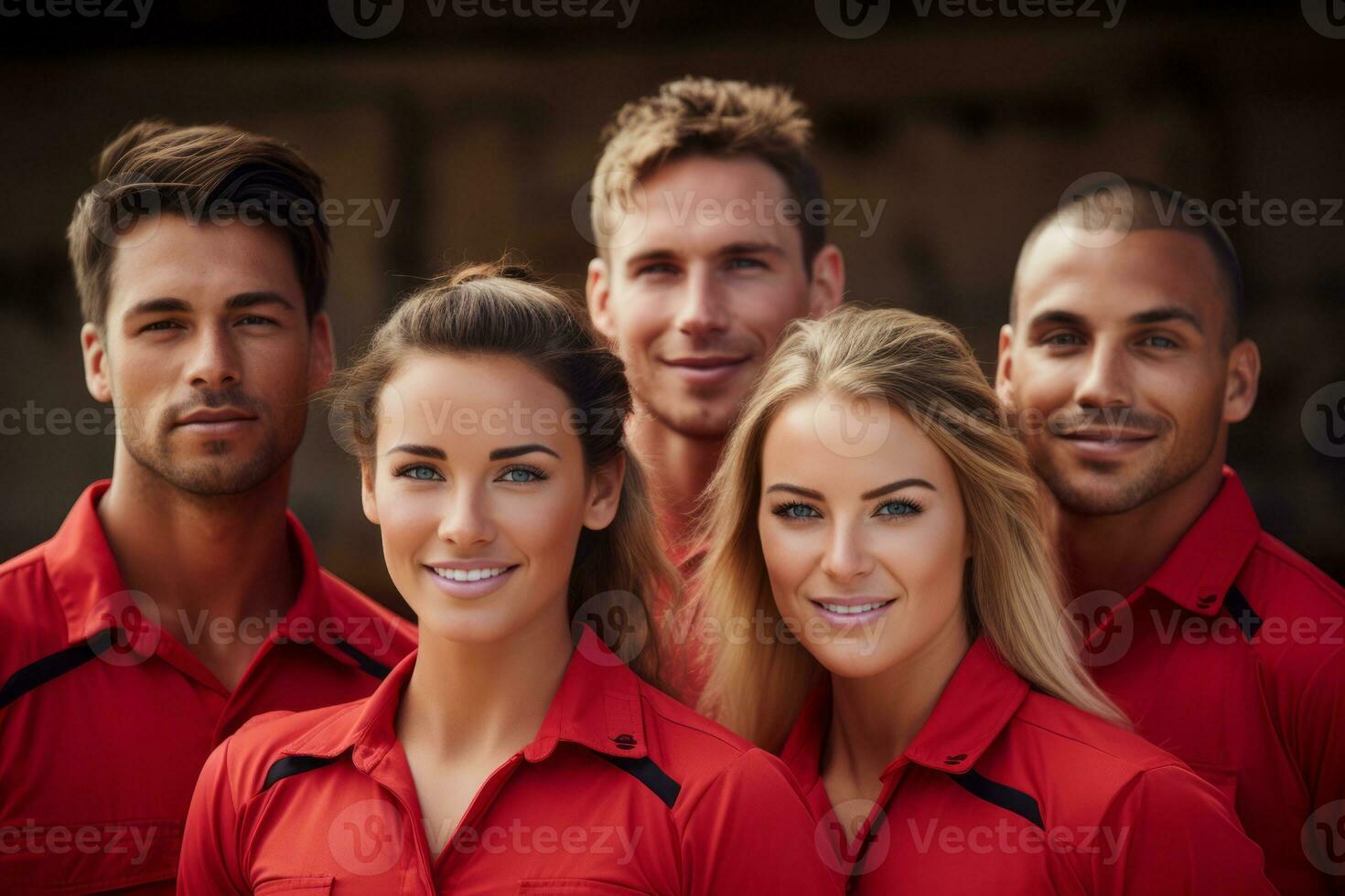 Advertising portrait shot of a Lifeguard team standing together in a beach and they look at the camera. Generative Ai photo
