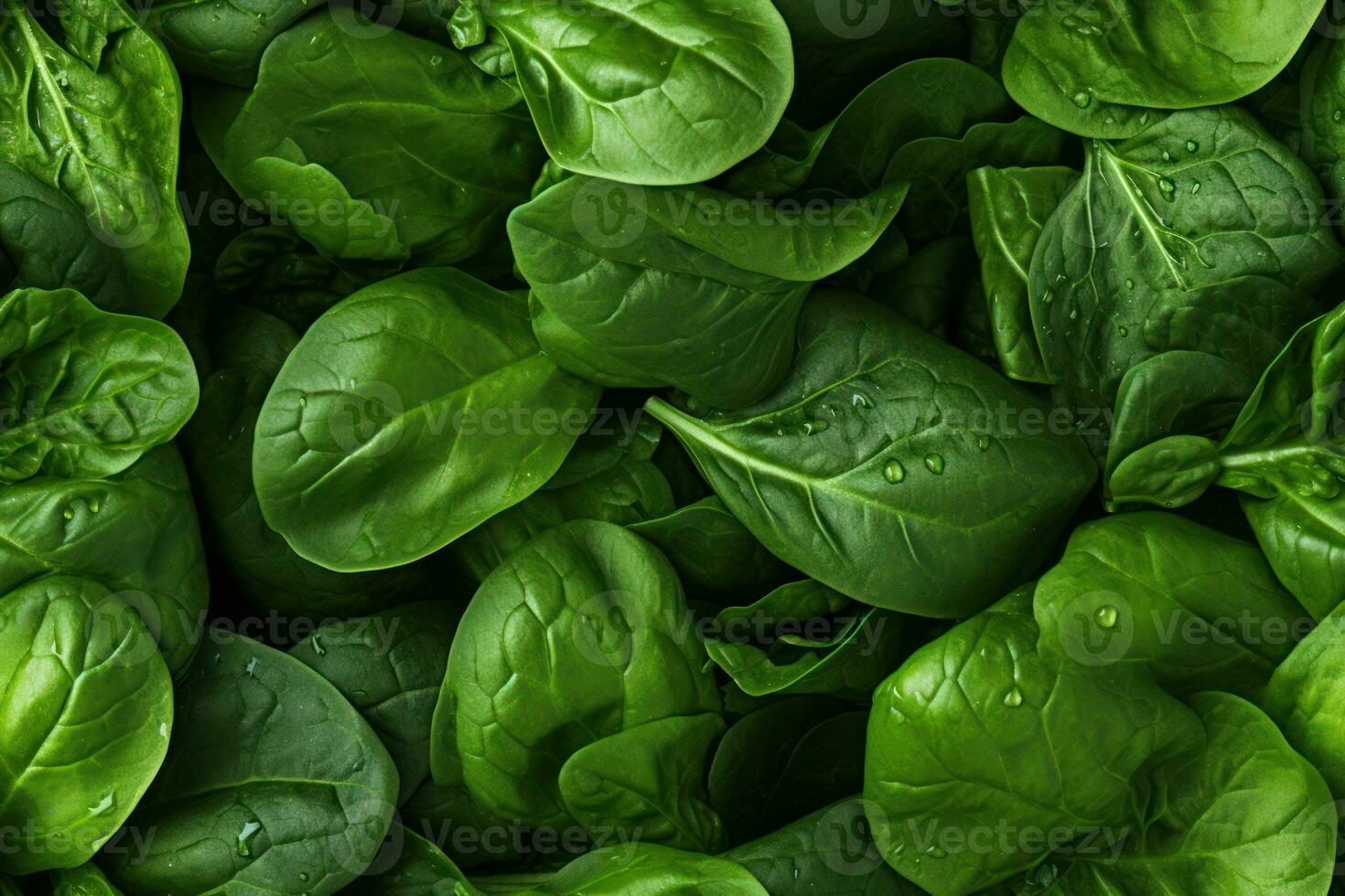 Close up of fresh spinach leaf , top view, seamless pattern. Generative Ai photo