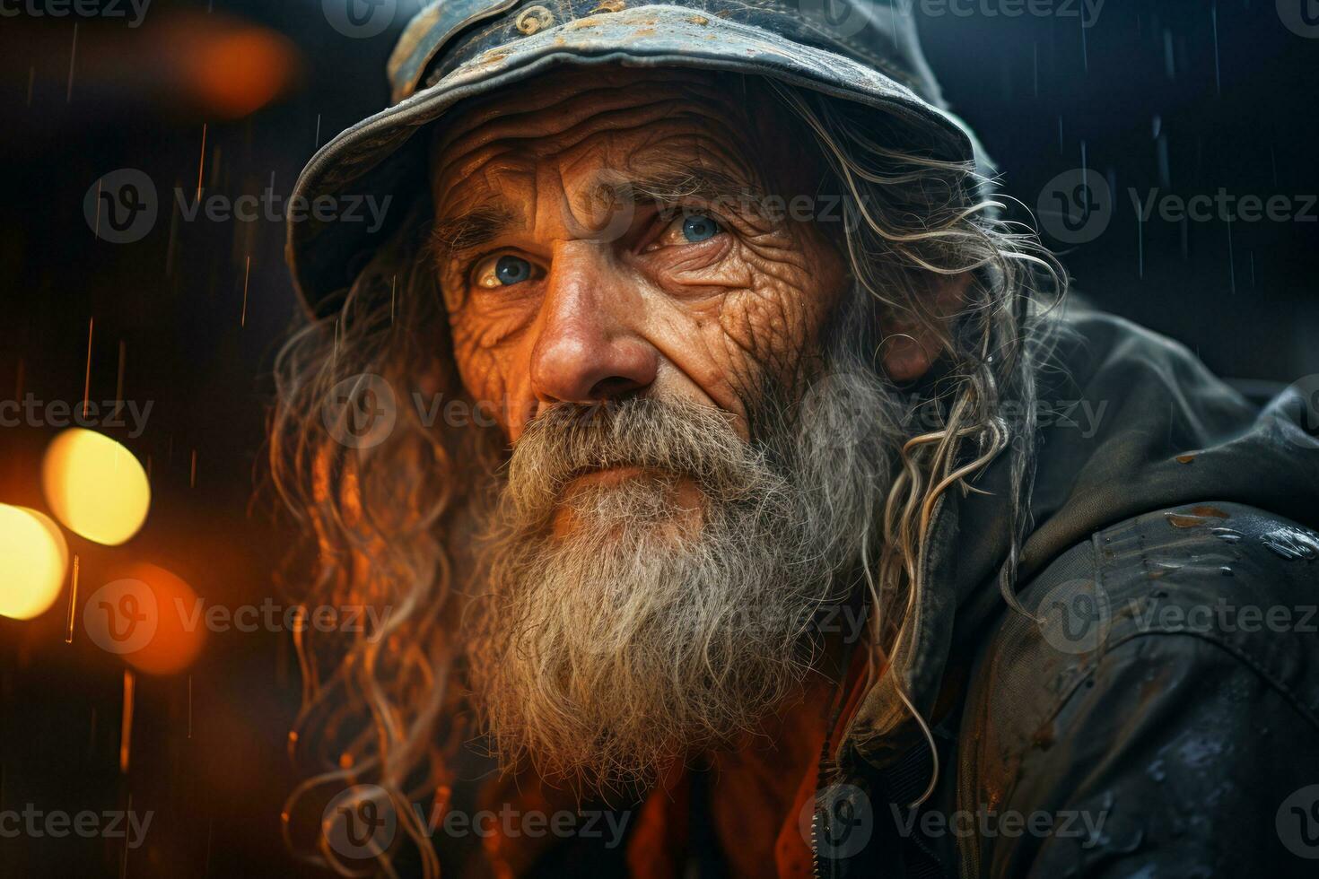 A portrait of a clochard who has overcome challenges and rebuilt their life, celebrating resilience and personal growth. Generative Ai photo