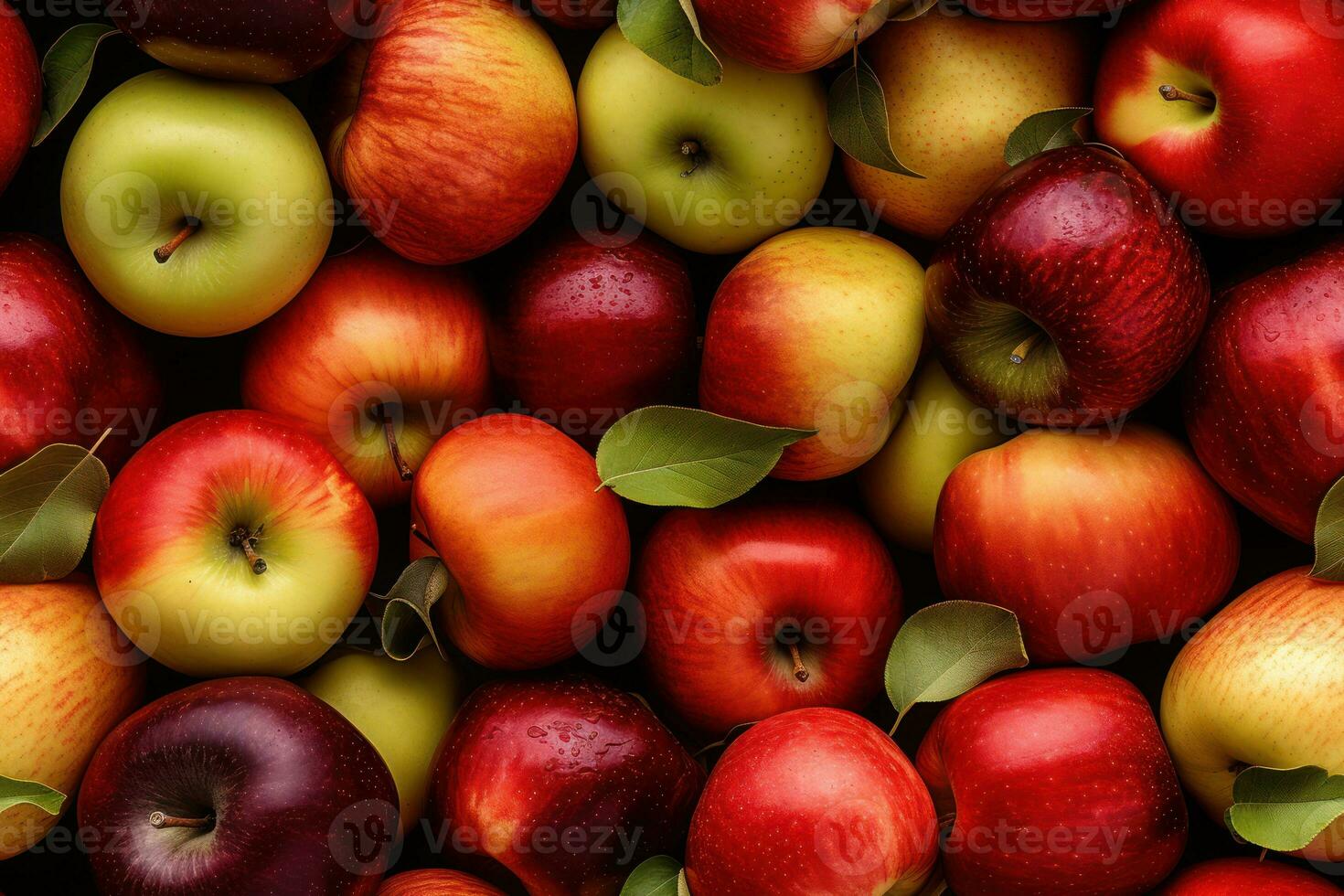 Close up of fresh red, green, yellow apples , top view, seamless pattern. Generative Ai photo