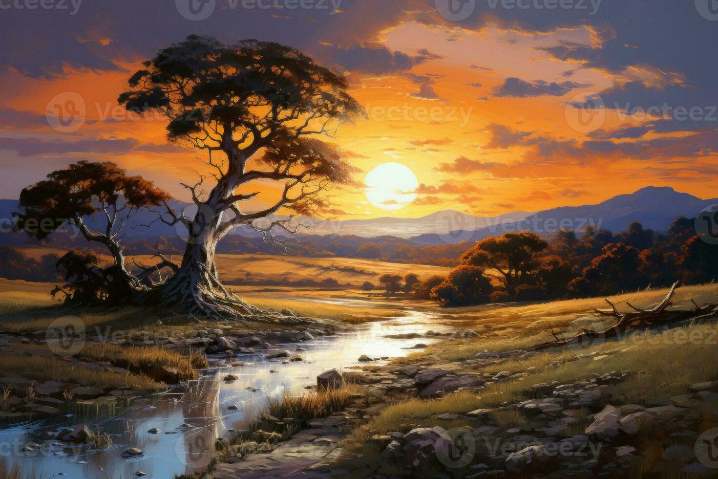 Vibrant oil painting showcasing a breathtaking sunset scene. Captures the majestic beauty of a sunset over a mountain range with river, scene painted with palette knives. Generative Ai photo