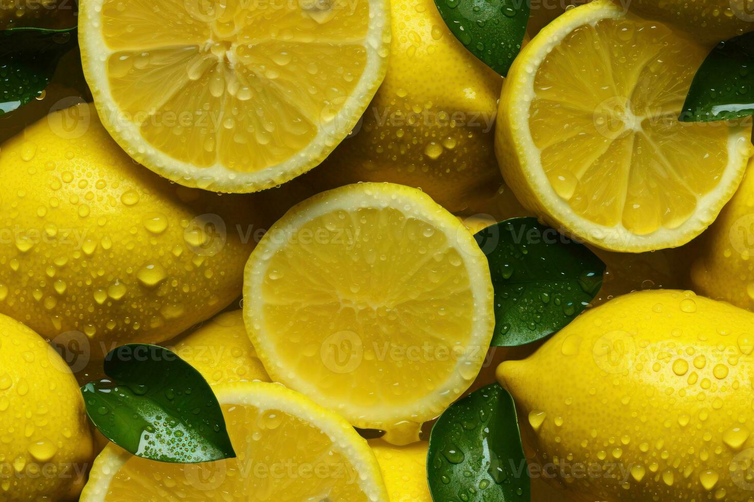 Close up of fresh juicy lemons, top view, seamless pattern. Generative Ai photo