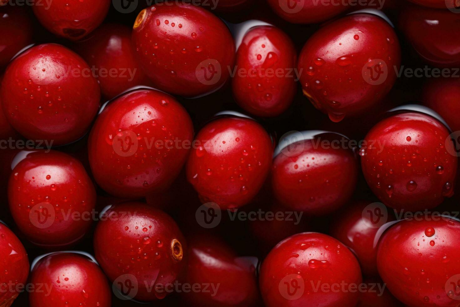 Close up of fresh red ripe cranberries , top view, seamless pattern. Generative Ai photo