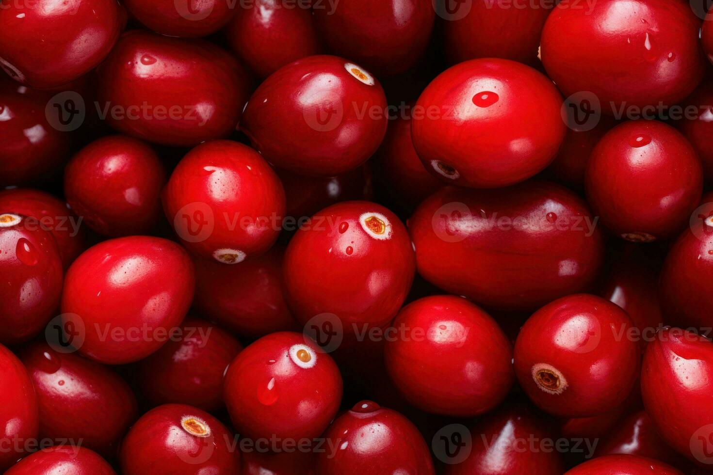 Close up of fresh red ripe cranberries , top view, seamless pattern. Generative Ai photo