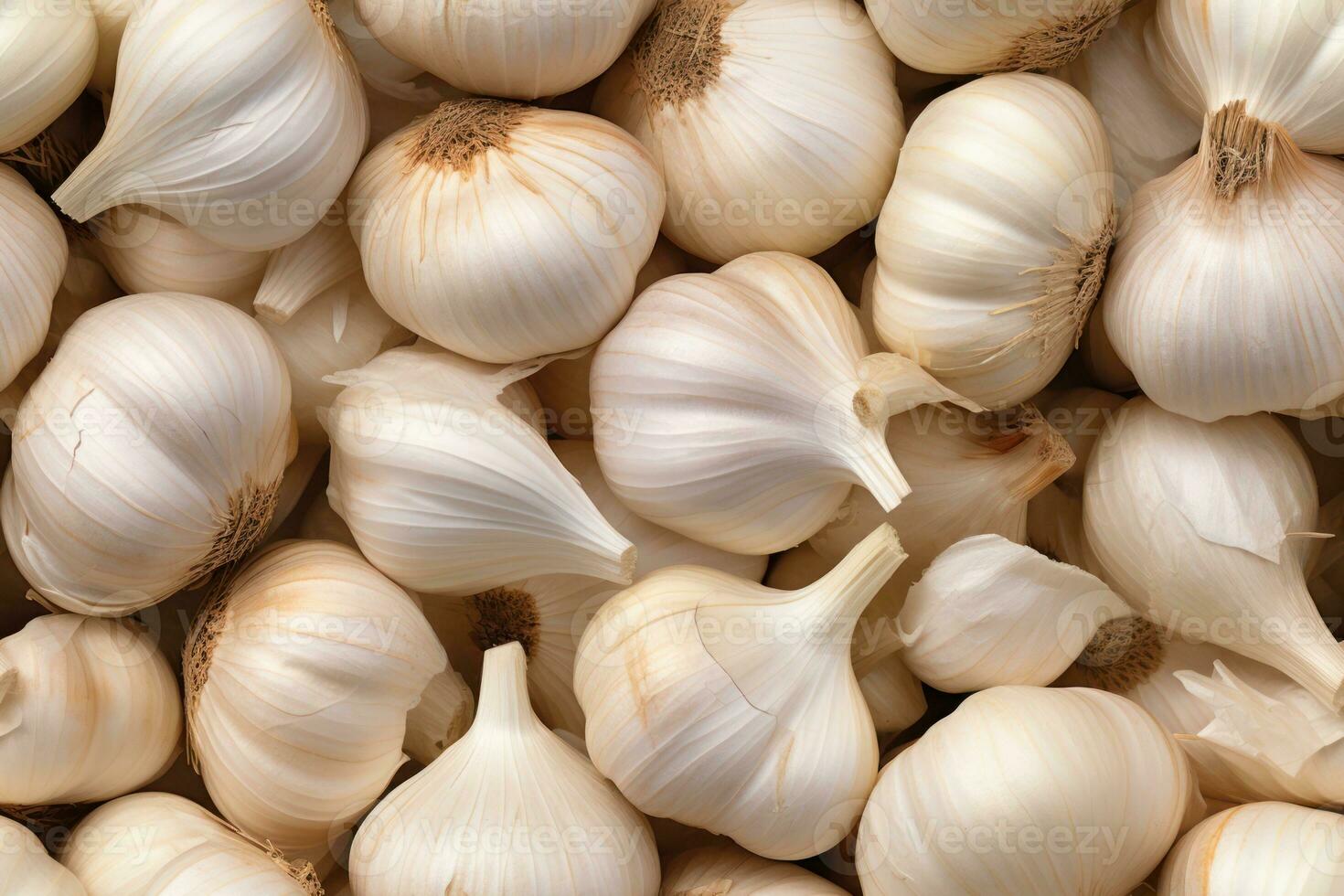 Close up of fresh garlic, top view, seamless pattern. Generative Ai photo