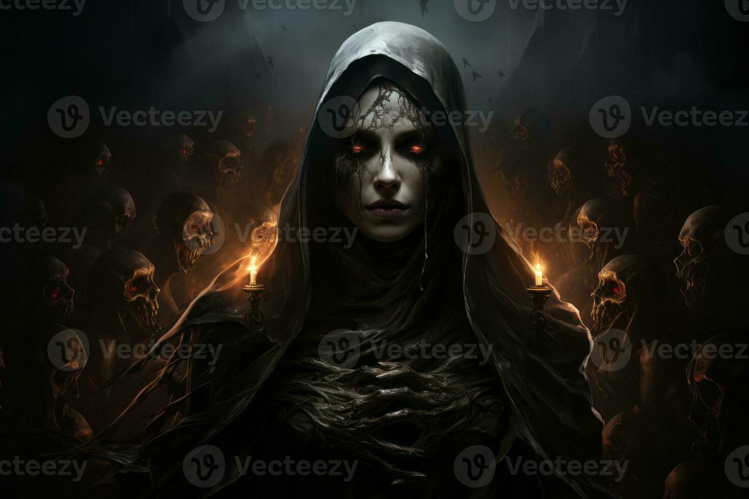 The evil nun's figure rising against a backdrop of ominous darkness, her twisted form gradually transforming into a spectral being as she ascends. Generative Ai photo