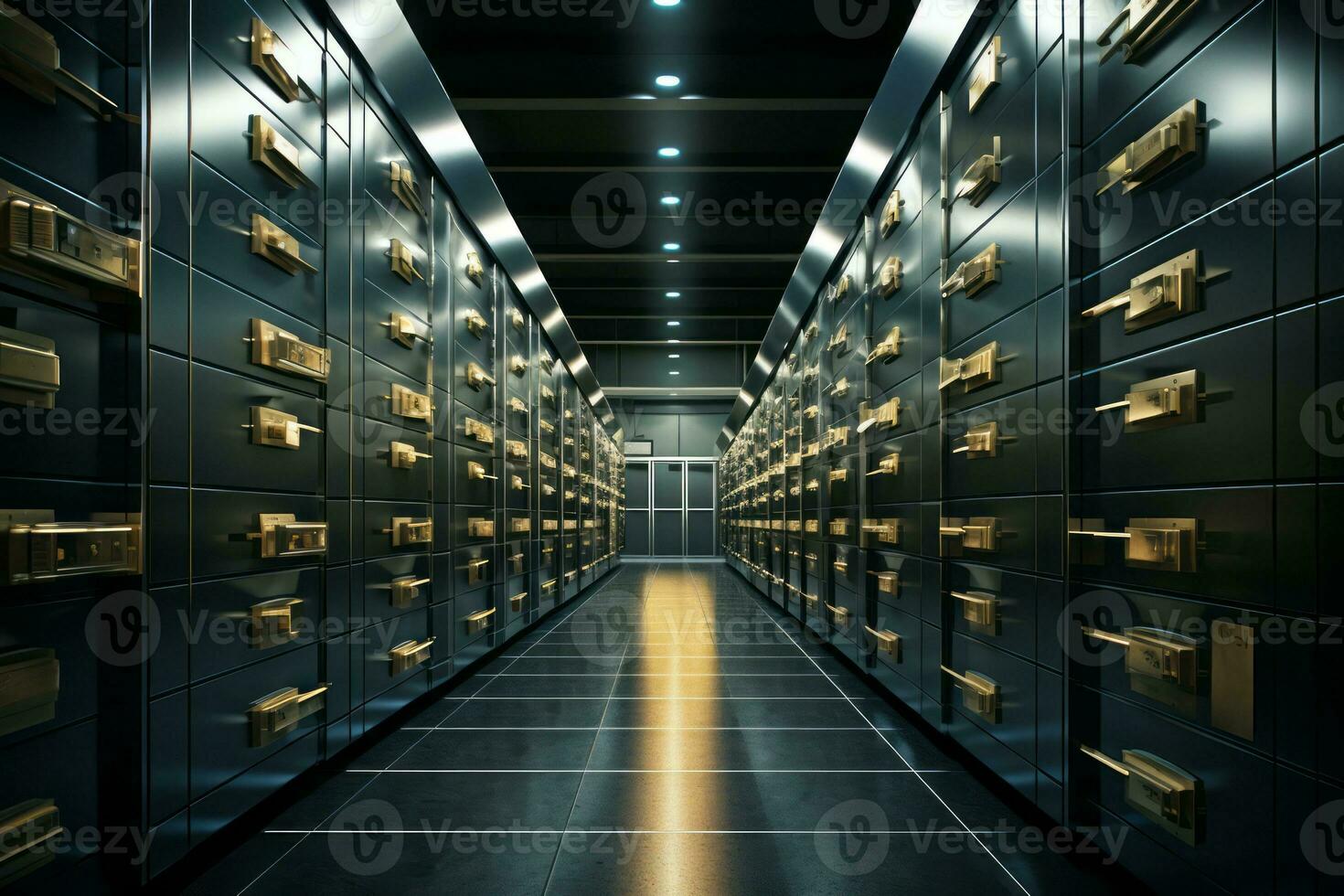 Interior of bank vault with rows of safety deposit boxes, conveying a sense of confidentiality and trustworthiness. Generative Ai photo