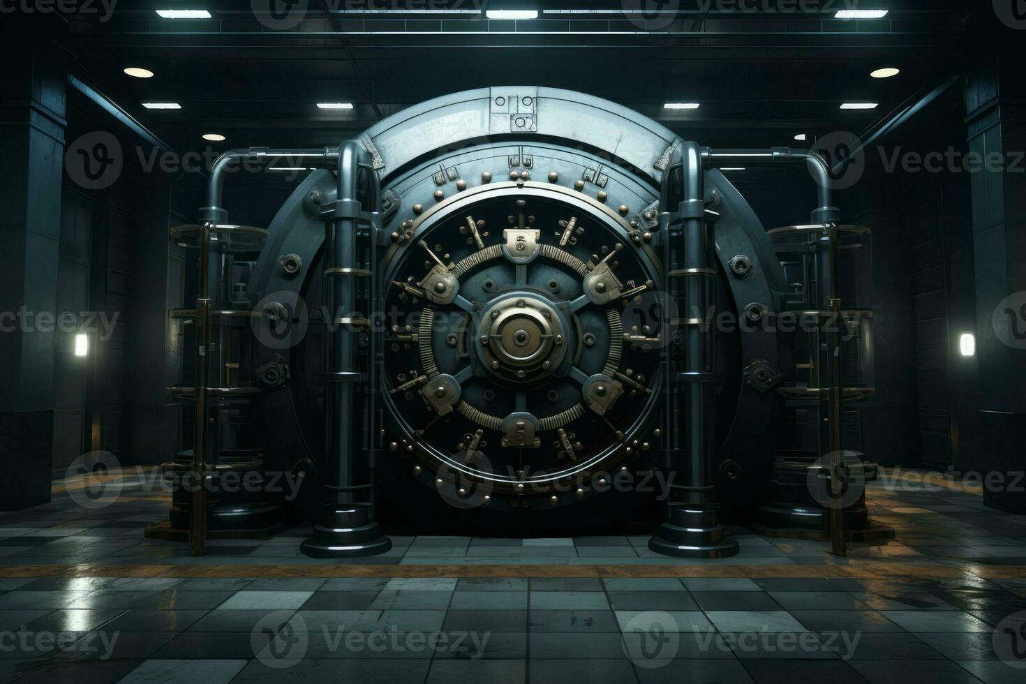 Heavy and imposing bank vault door, symbolizing safety, security, and protection of valuable assets. Generative Ai photo