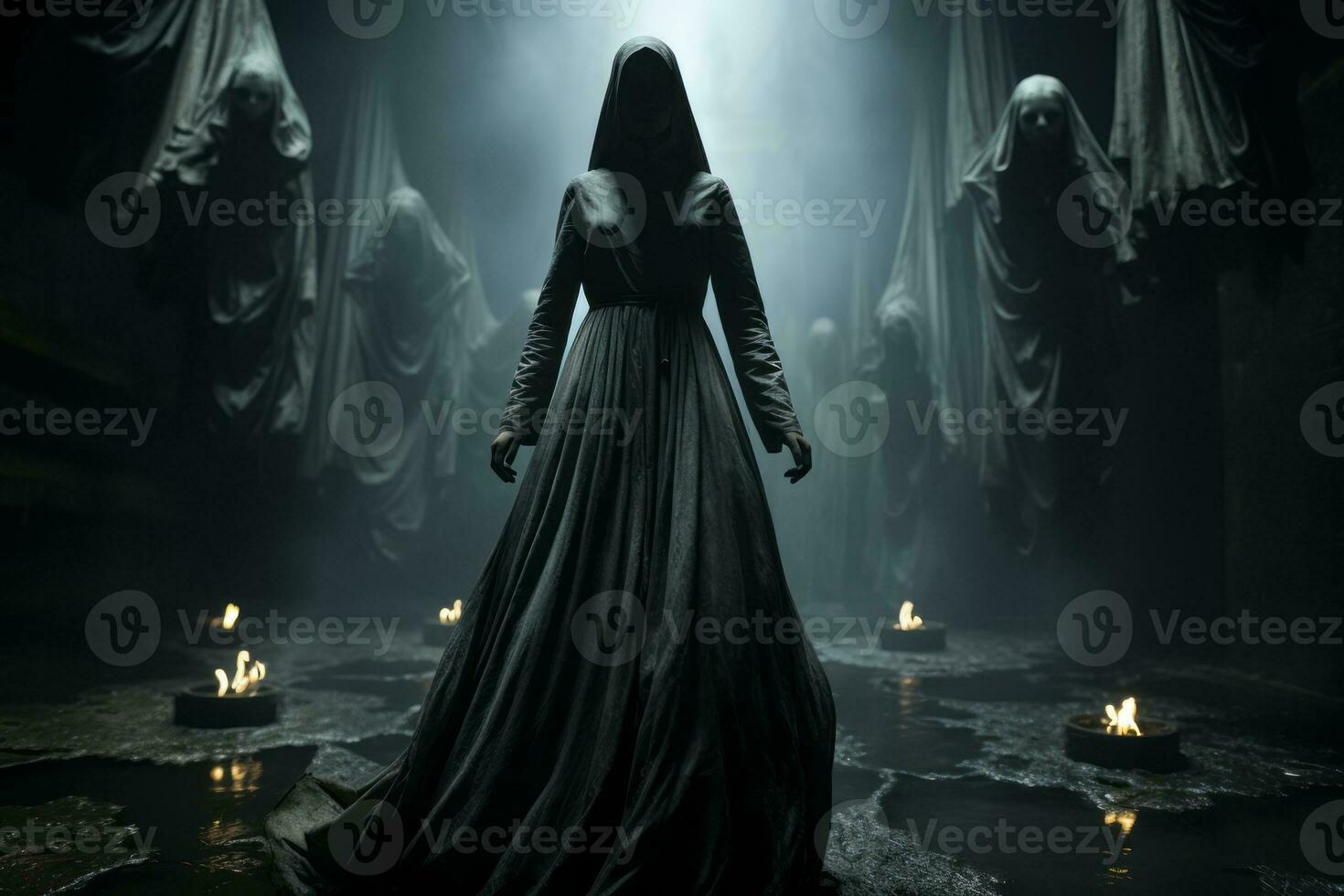 The evil nun's ascension from a chilling, shadowy environment, her form undergoing a haunting transformation as she journeys towards an unsettling heavenly realm. Generative Ai photo