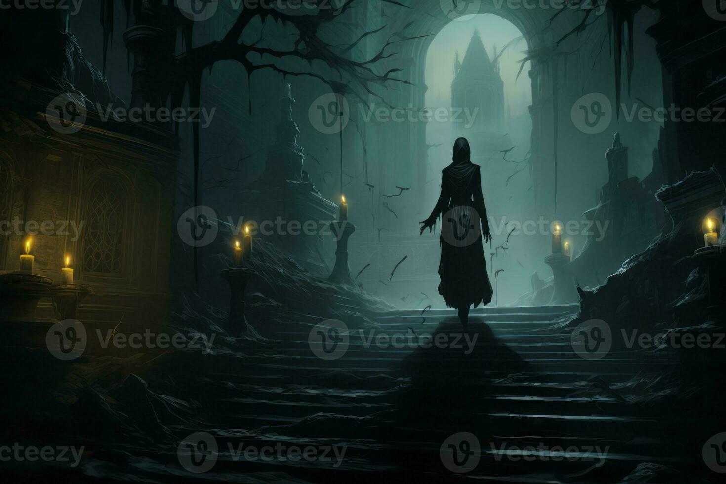 Evil nun's ascent from a crypt-like environment, her ominous presence gradually evolving into a spectral being against a backdrop of ethereal twilight. Generative Ai photo