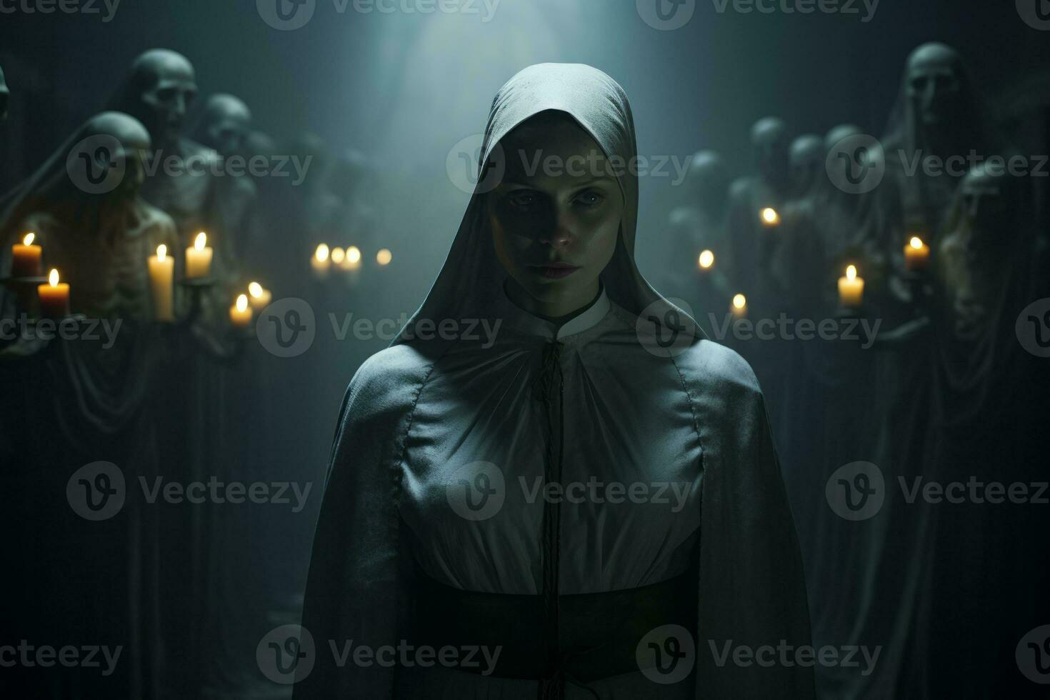 The evil nun's ascension from a chilling, shadowy environment, her form undergoing a haunting transformation as she journeys towards an unsettling heavenly realm. Generative Ai photo