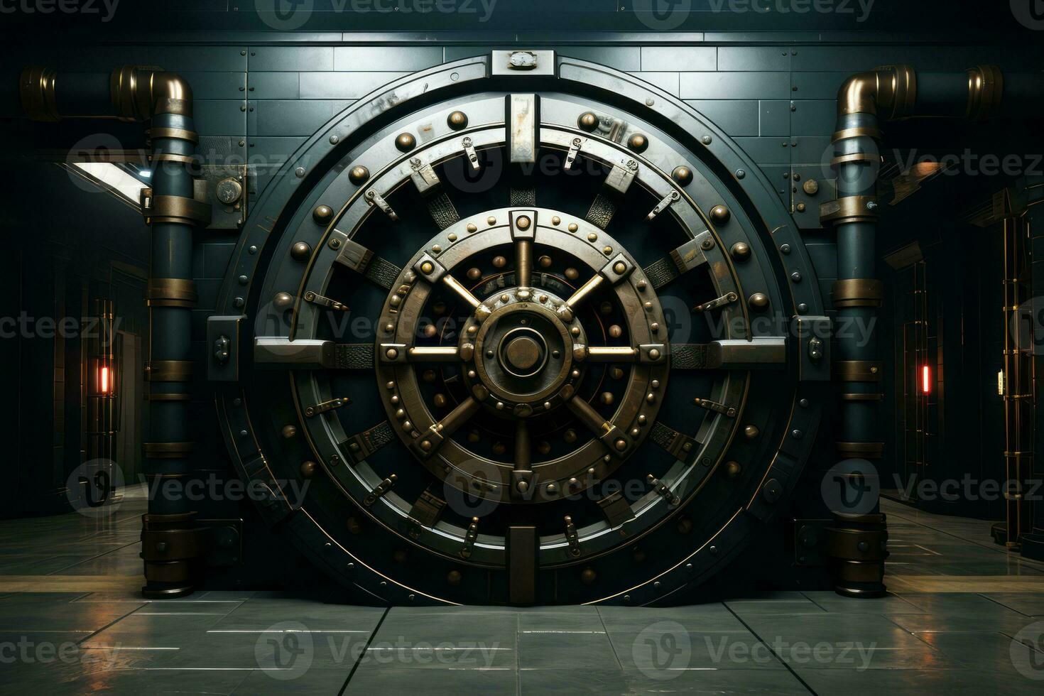 Heavy and imposing bank vault door, symbolizing safety, security, and protection of valuable assets. Generative Ai photo