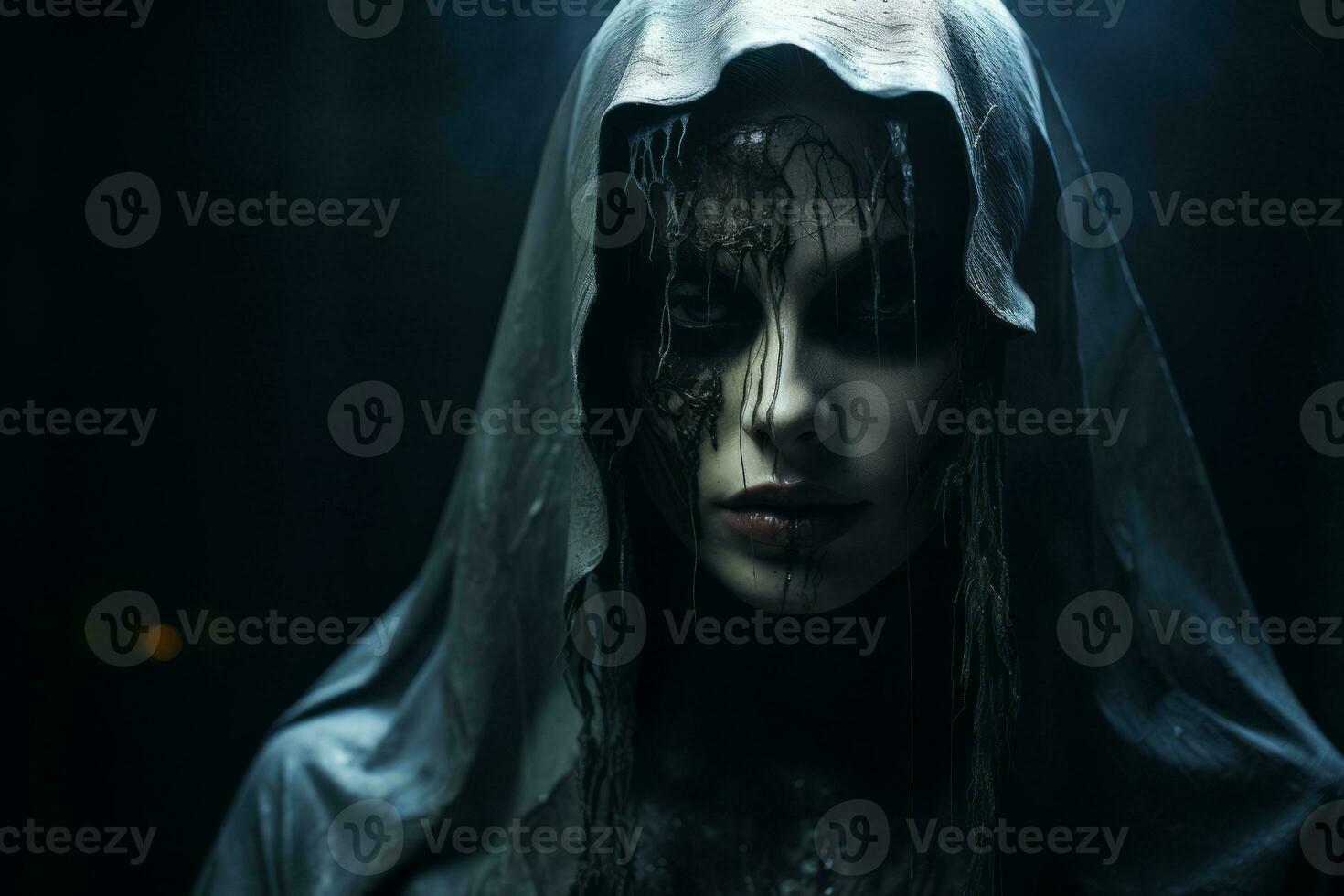 The evil nun rising through a realm of haunting shadows, her malevolent essence slowly transforming into a chilling, ethereal figure against an otherworldly backdrop. Generative AI photo