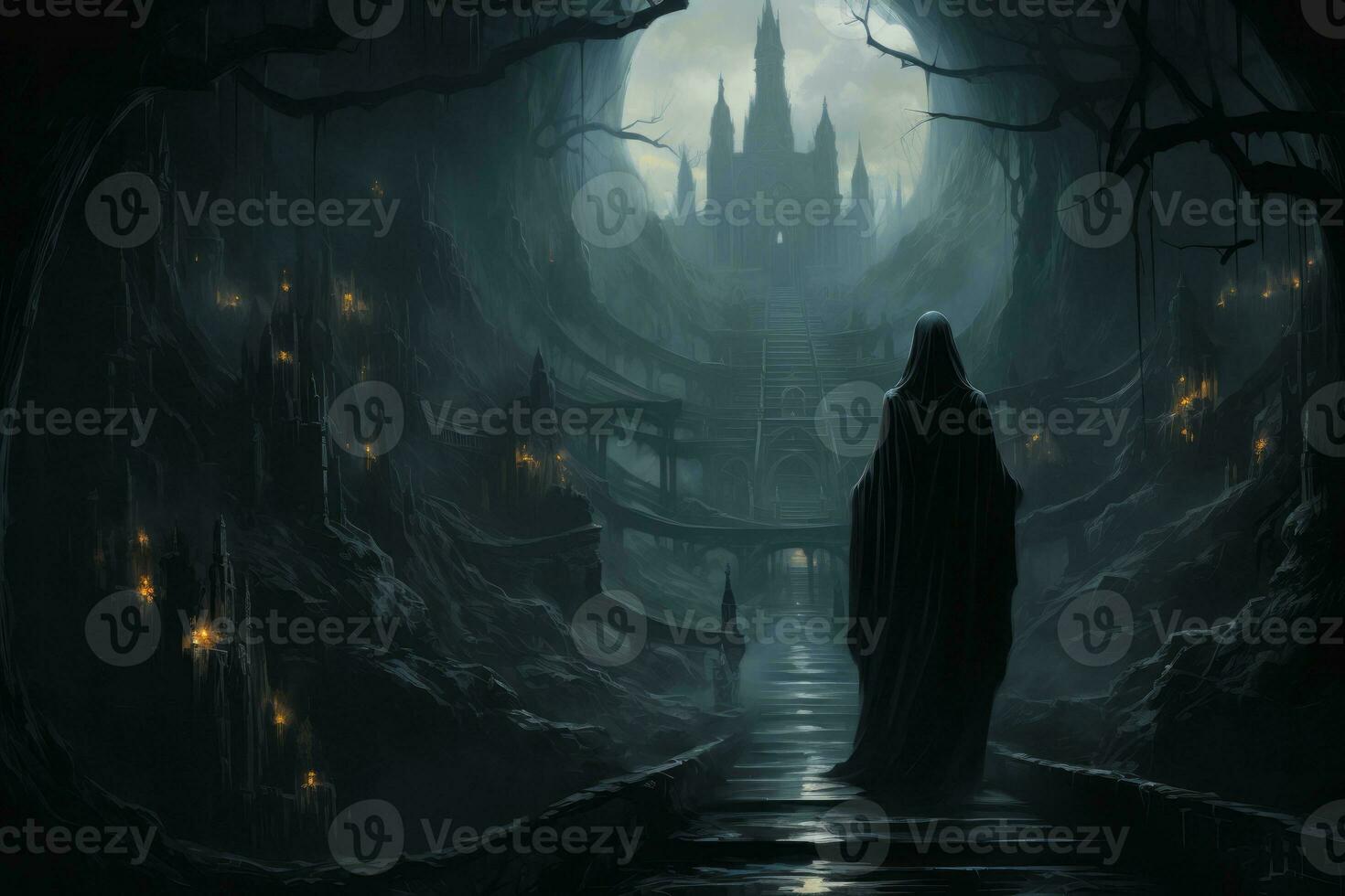 Evil nun's ascent from a crypt-like environment, her ominous presence gradually evolving into a spectral being against a backdrop of ethereal twilight. Generative Ai photo