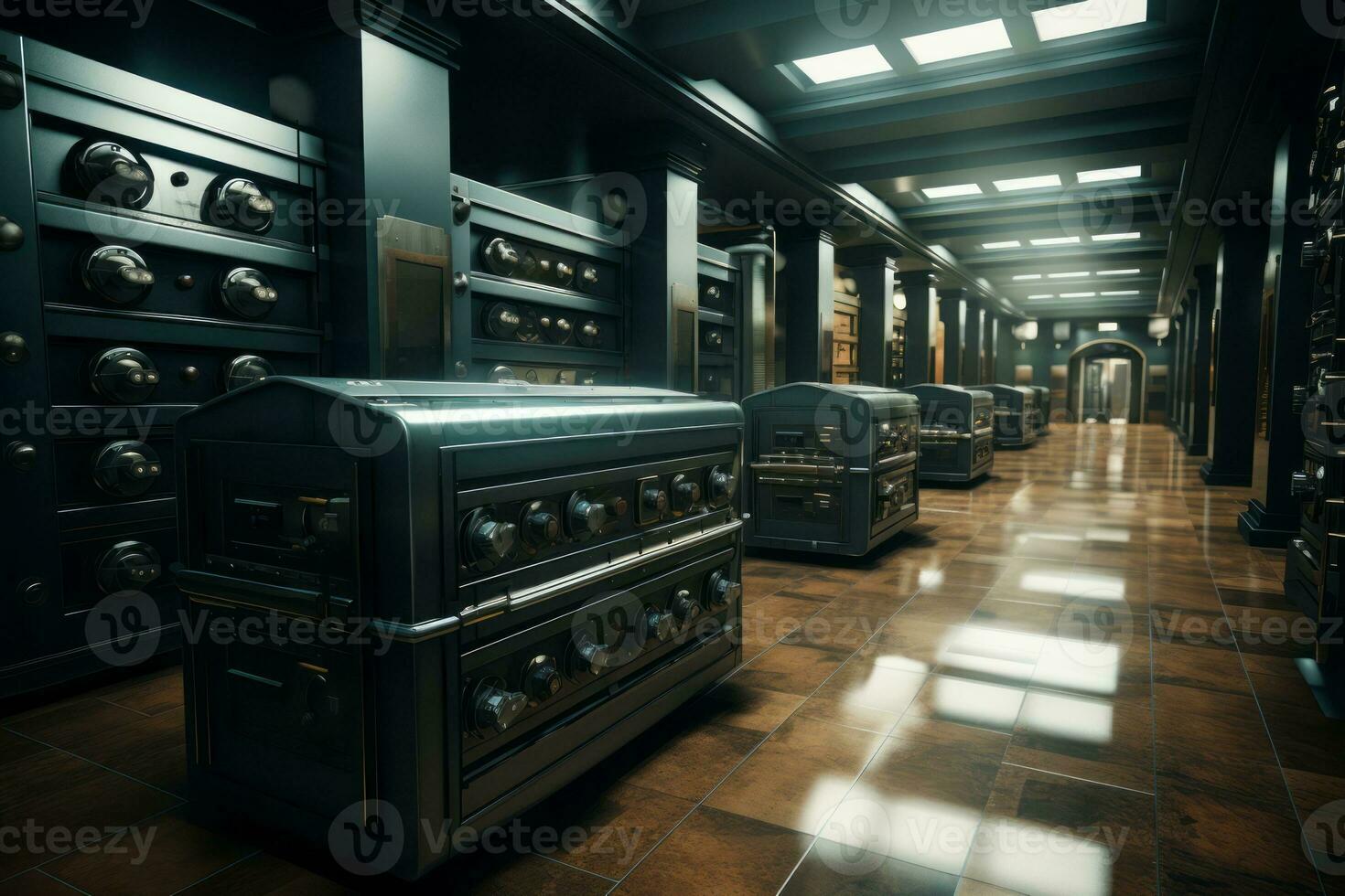 Interior of bank vault with rows of safety deposit boxes, conveying a sense of confidentiality and trustworthiness. Generative Ai photo