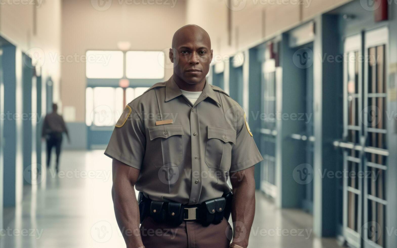 An image featuring a correctional officer in uniform, patrolling or interacting with inmates, highlighting their role in maintaining order and security within the prison. Generative AI photo