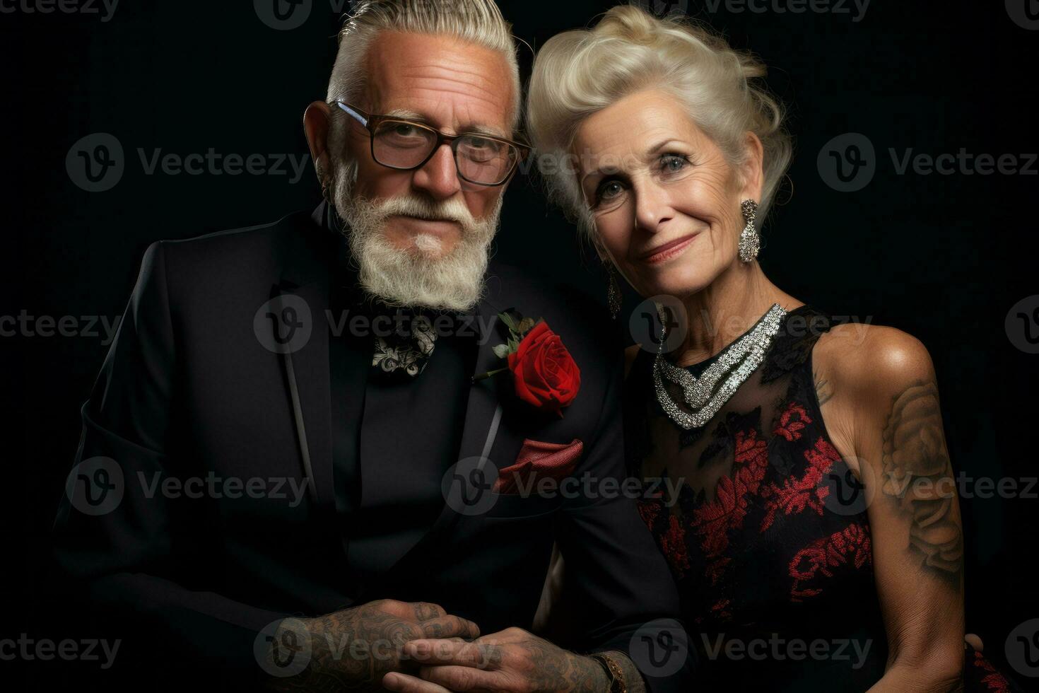 Senior couple dressed in elegant attire, with their tasteful tattoos adding an element of uniqueness to their appearance. Generative Ai photo