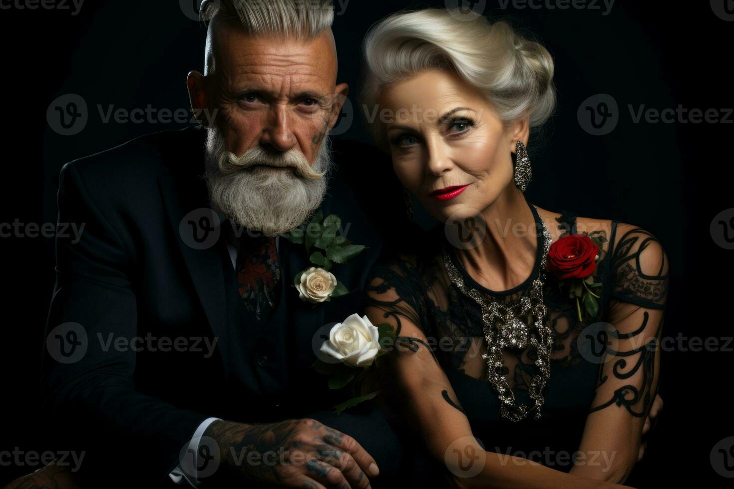 Senior couple dressed in elegant attire, with their tasteful tattoos adding an element of uniqueness to their appearance. Generative Ai photo