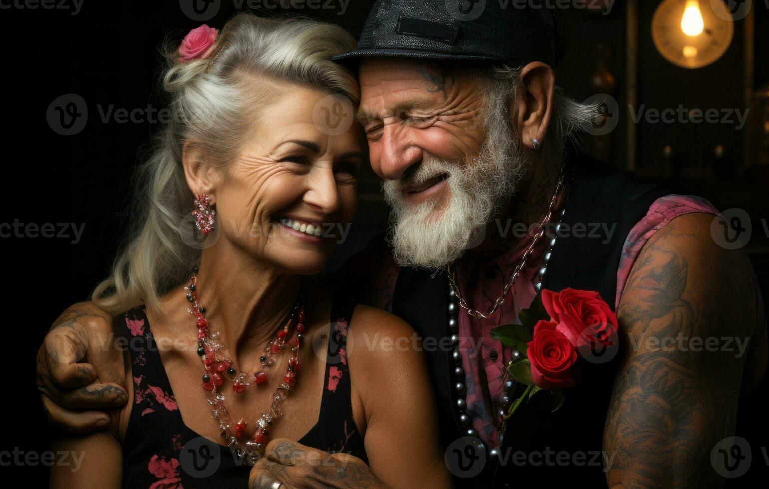 A thought-provoking image capturing the wisdom and life experiences reflected in the tattoo choices of the senior couple. Generative Ai photo