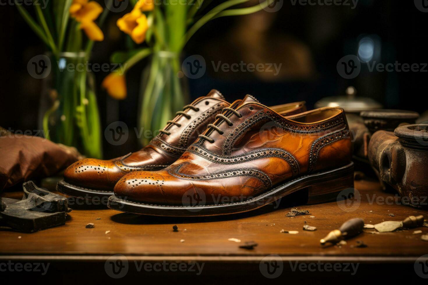 An elegant image showcasing the restoration of a vintage leather shoe, bringing it back to its former glory. Generative AI photo