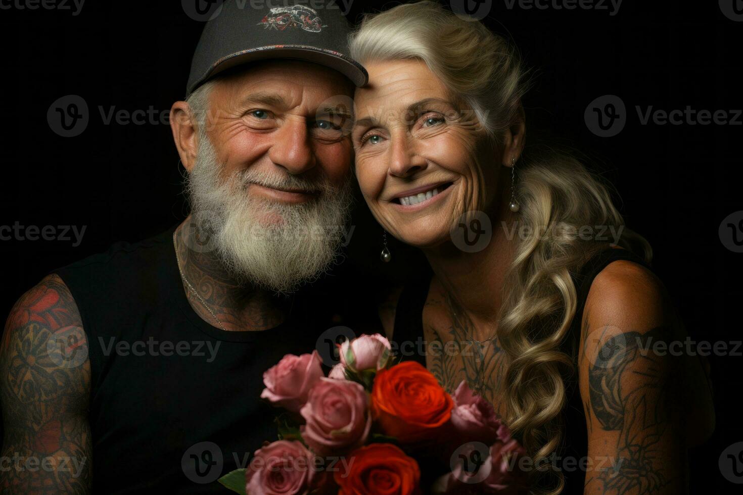 A thought-provoking image capturing the wisdom and life experiences reflected in the tattoo choices of the senior couple. Generative Ai photo