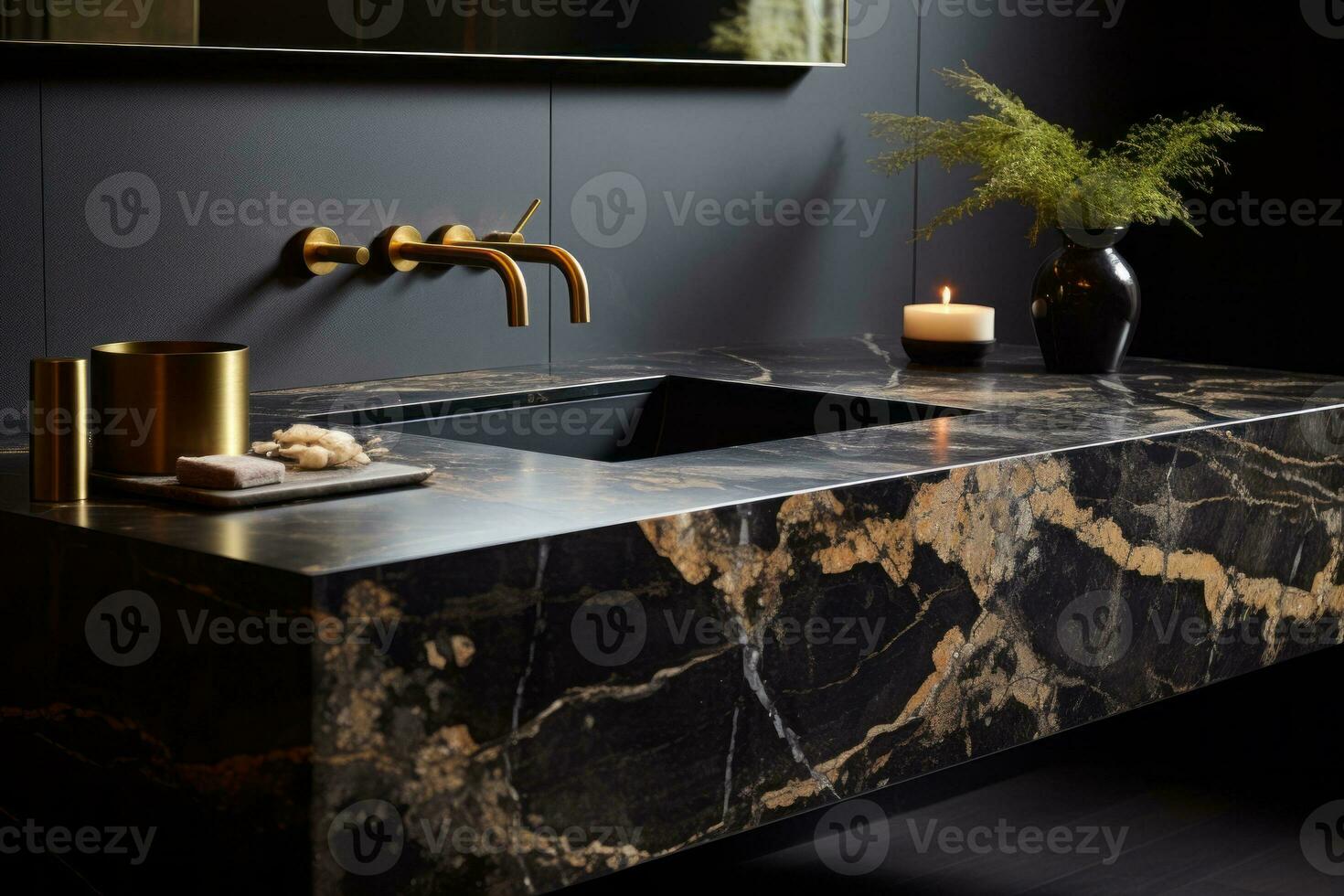 Luxury bathroom interiors with portoro marble's bold black background and striking gold veining, giving a sense of drama and contrast. Generative AI photo