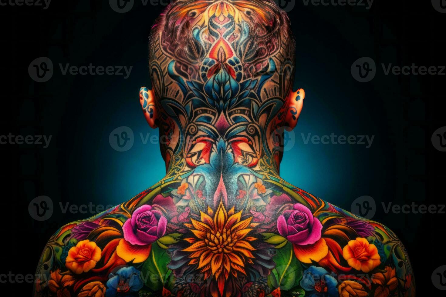 Close-up view of a person's tattooed back, displaying a kaleidoscope of colors and designs. Generative Ai photo