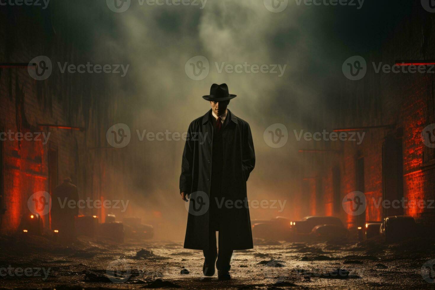 A silhouetted figure in a fedora and trench coat, standing in the shadows, depicting secrecy and intrigue in the world of narcos. Generative AI photo