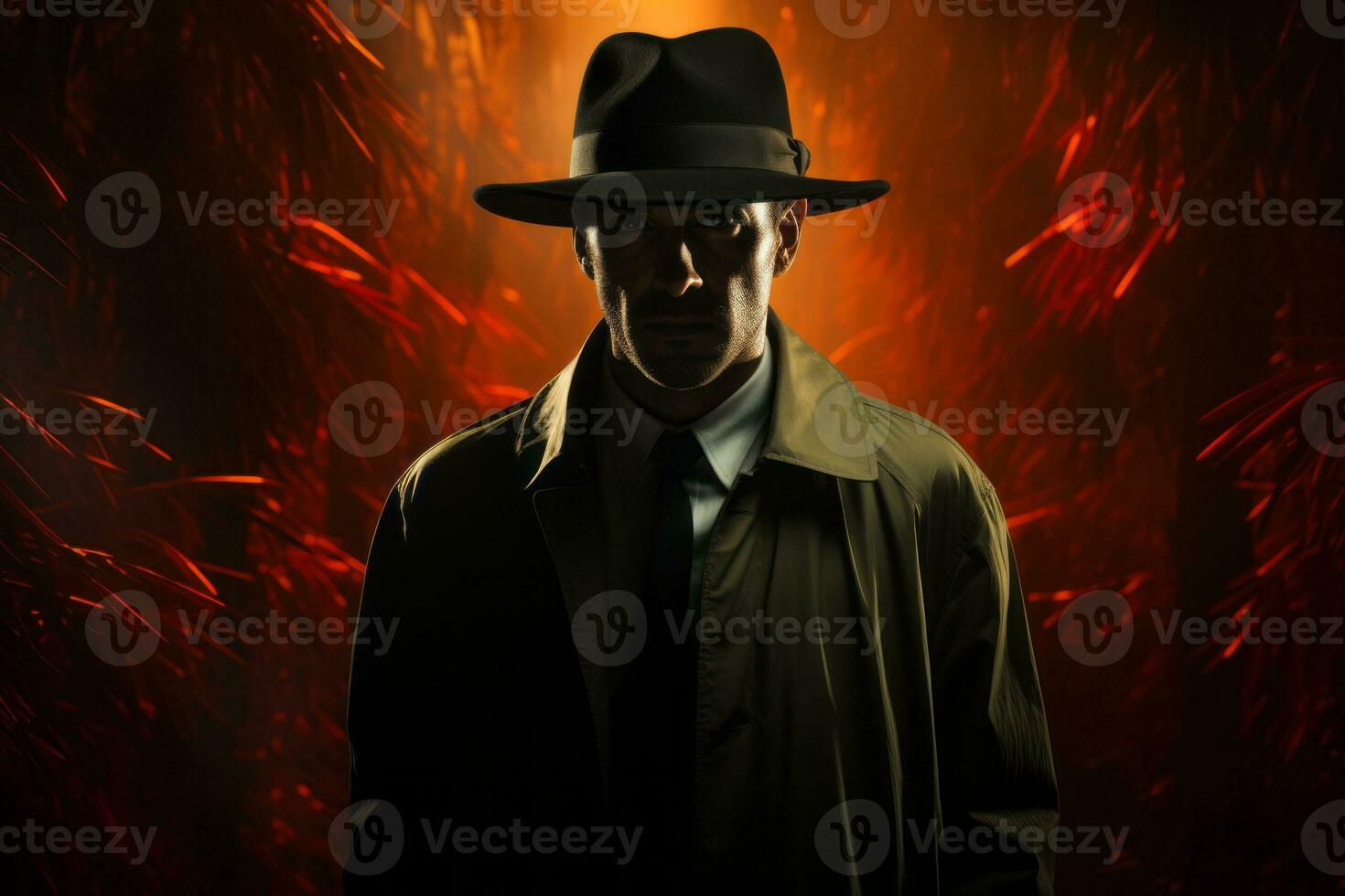 A silhouetted figure in a fedora and trench coat, standing in the shadows, depicting secrecy and intrigue in the world of narcos. Generative AI photo