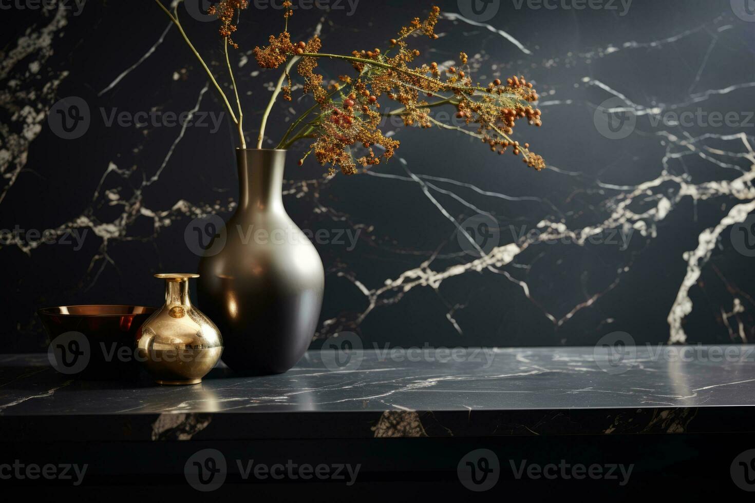 Luxury bathroom interiors with portoro marble's bold black background and striking gold veining, giving a sense of drama and contrast. Generative AI photo