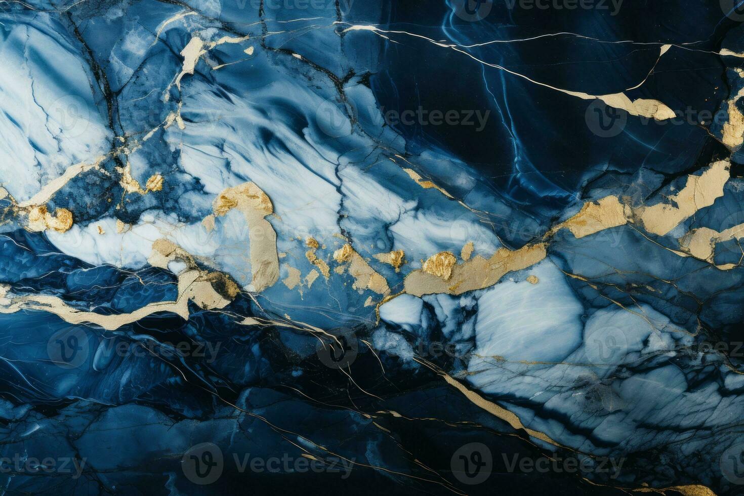 Blue Bahia marble, with its striking blue background and waves of white and gold veins. Generative AI photo
