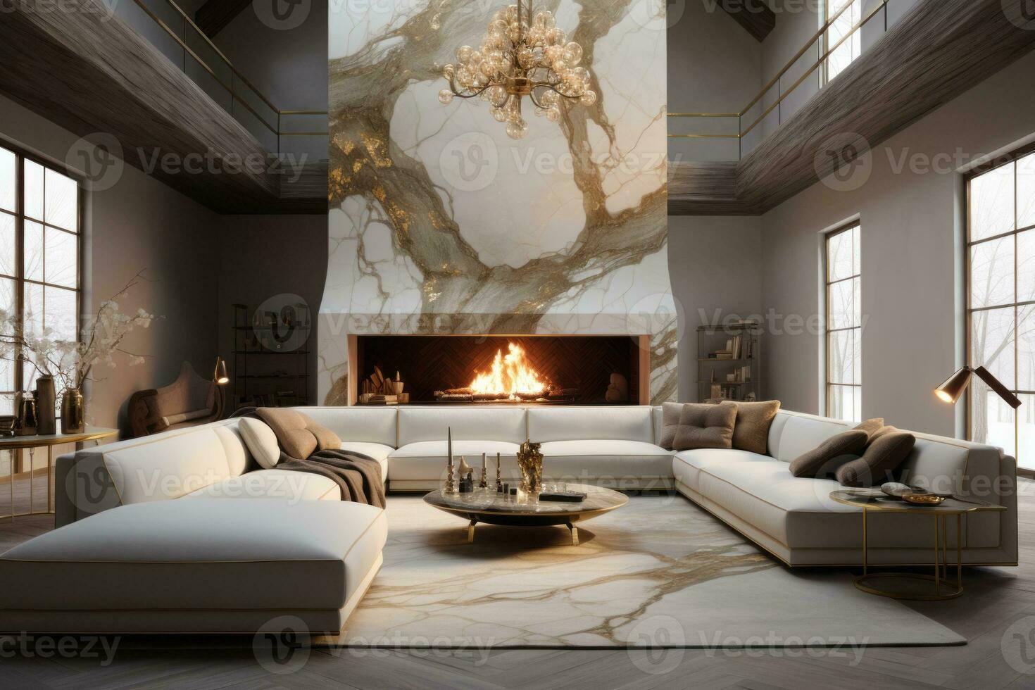 Living room in Calacatta Gold marble, renowned for its warm gold and gray veins, evoking opulence and grandeur.Generative AI photo