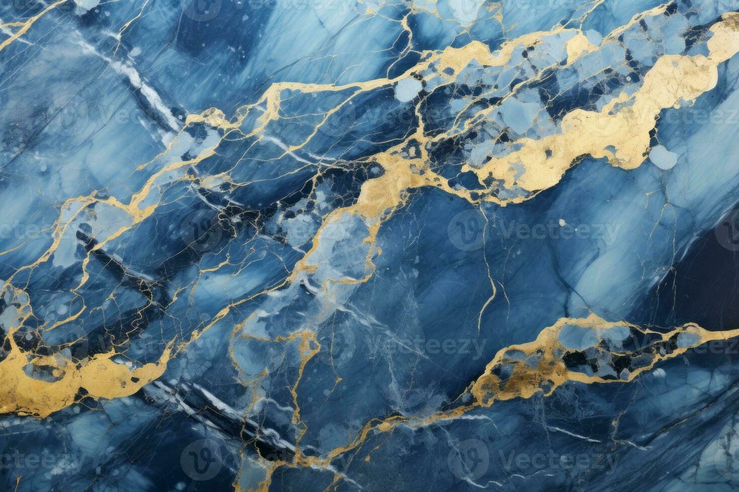 Blue Bahia marble, with its striking blue background and waves of white and gold veins. Generative AI photo
