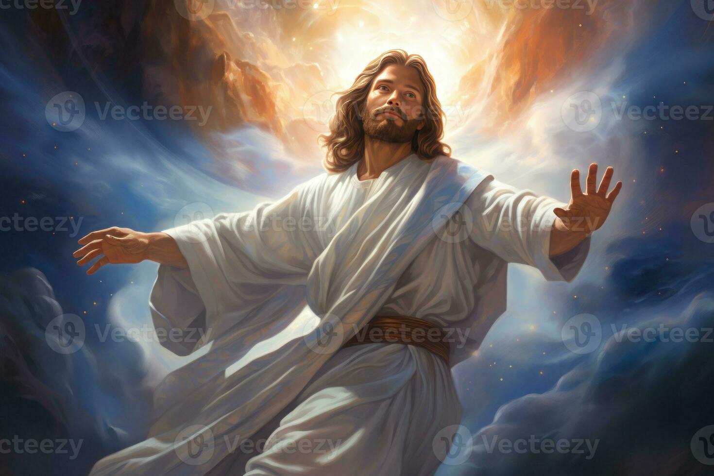 Jesus Christ enveloped in a swirl of luminous clouds, rising towards the heavens with arms gently extended, exuding a sense of serene elevation. Generative AI photo