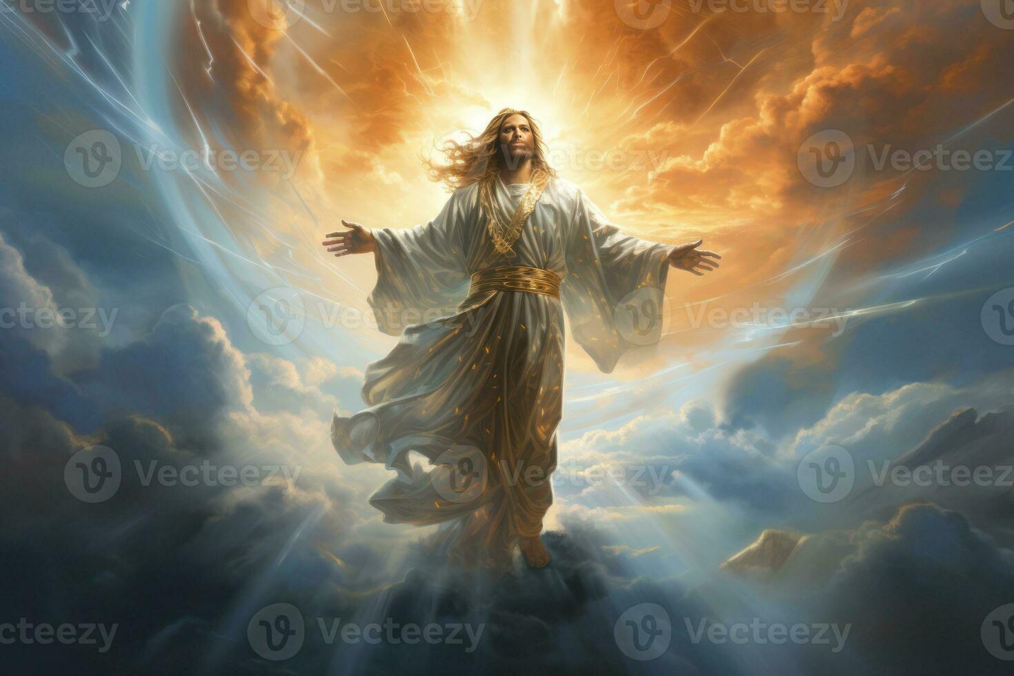 Jesus Christ enveloped in a swirl of luminous clouds, rising towards the heavens with arms gently extended, exuding a sense of serene elevation. Generative AI photo