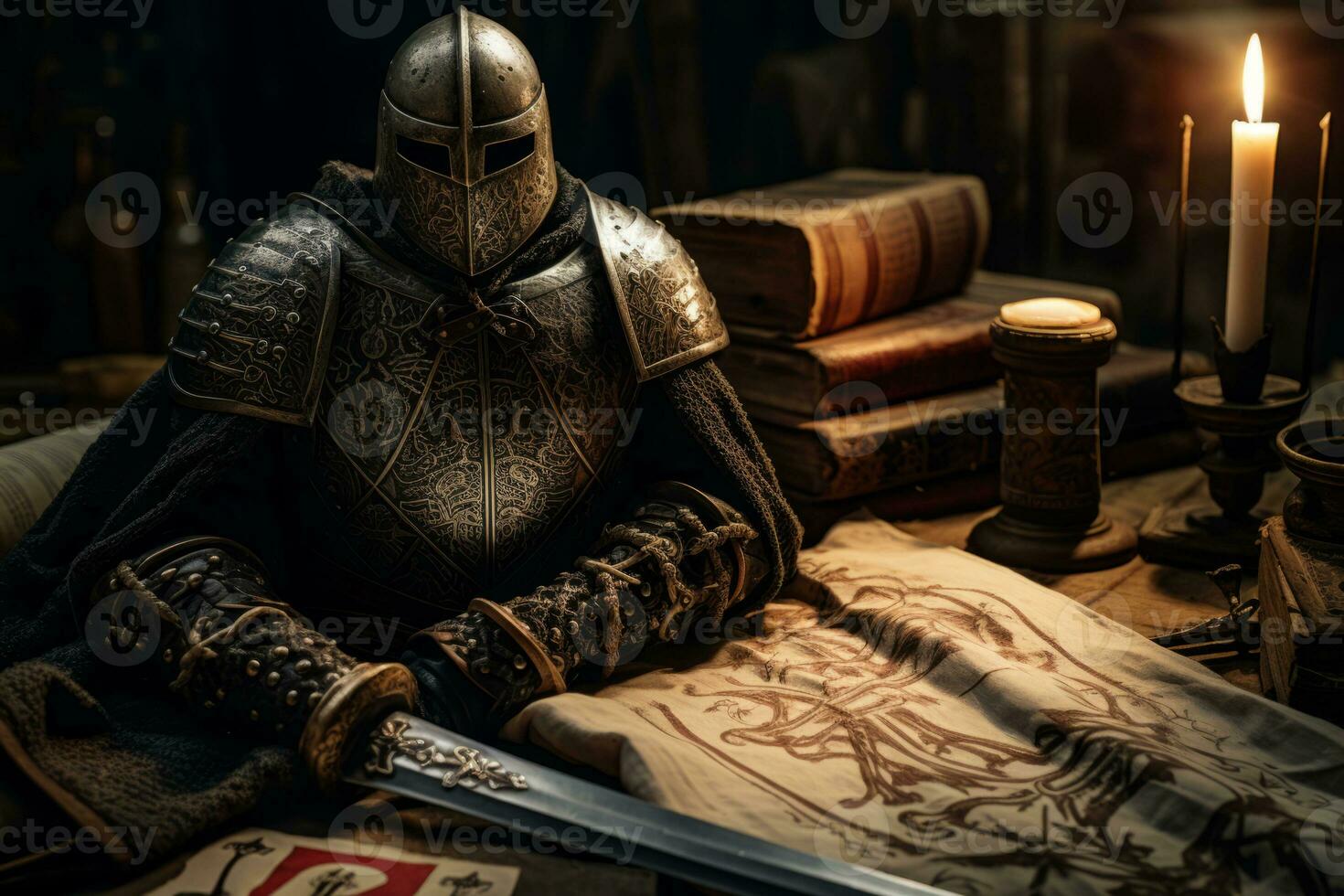 A collection of images showcasing authentic artifacts from the Knights Templar era, such as swords, armor, and ancient manuscripts. Generative Ai photo