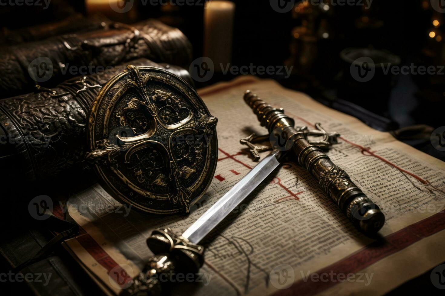 A collection of images showcasing authentic artifacts from the Knights Templar era, such as swords, armor, and ancient manuscripts. Generative Ai photo