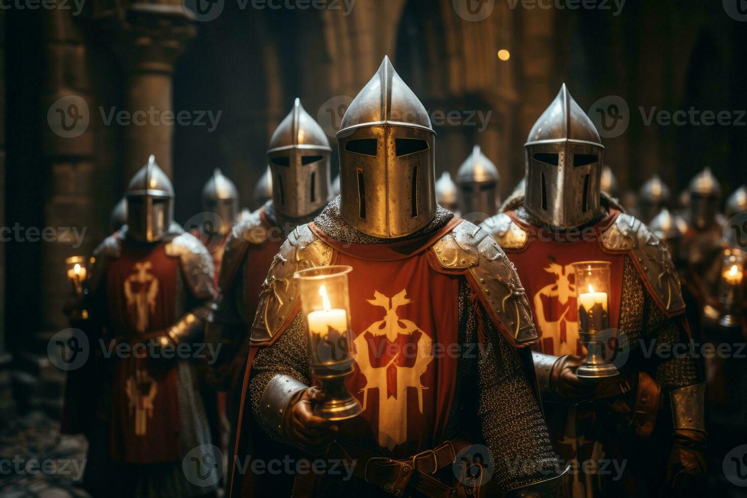 A group of Knights Templar in their distinctive white mantles, standing united and ready to defend their ideals. Generative AI photo